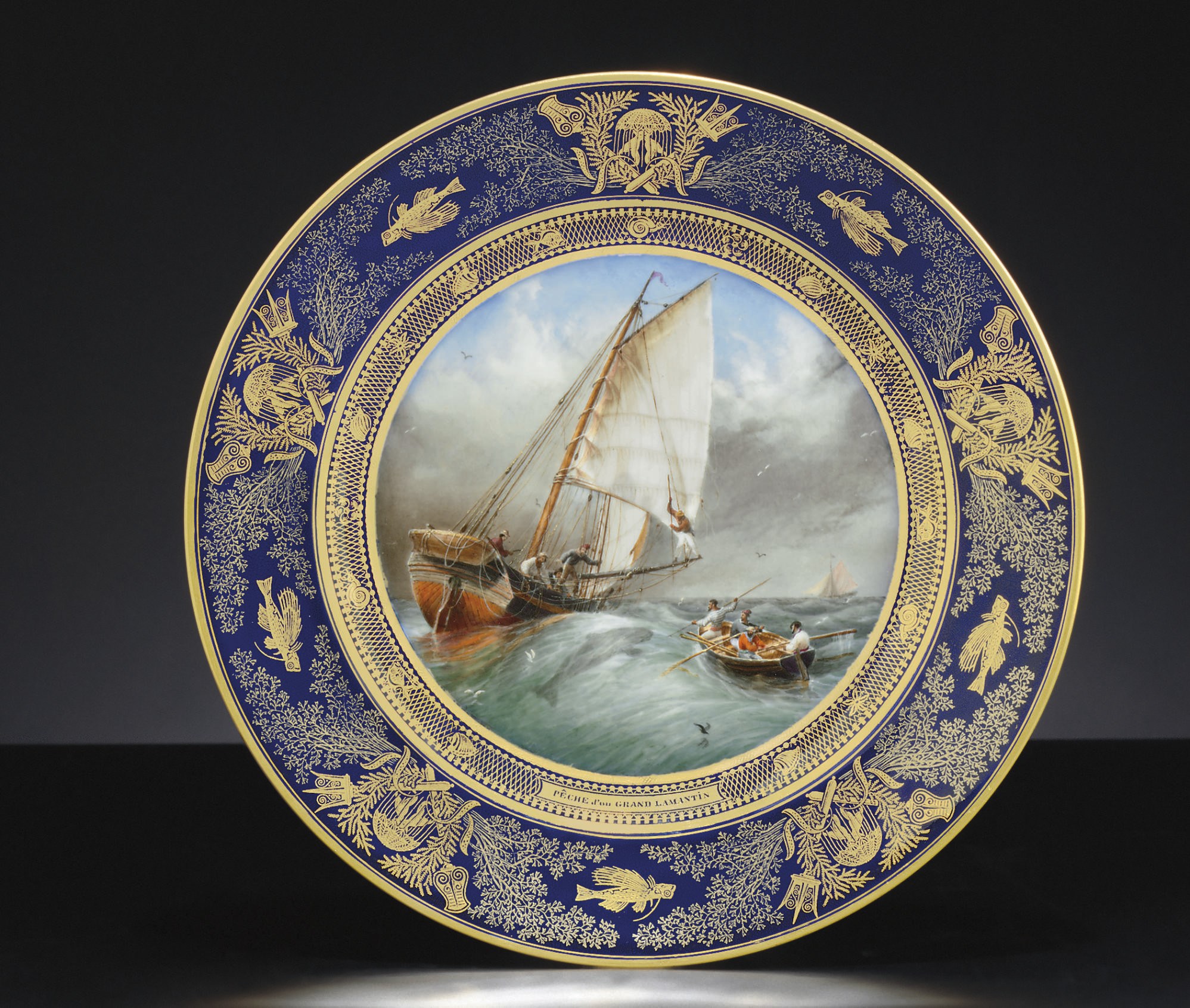 A SEVRES (LOUIS PHILIPPE) COBALT-BLUE-GROUND PLATE FROM THE 'SERVICE DE PÊCHES' (ASSIETE 'UNIE')