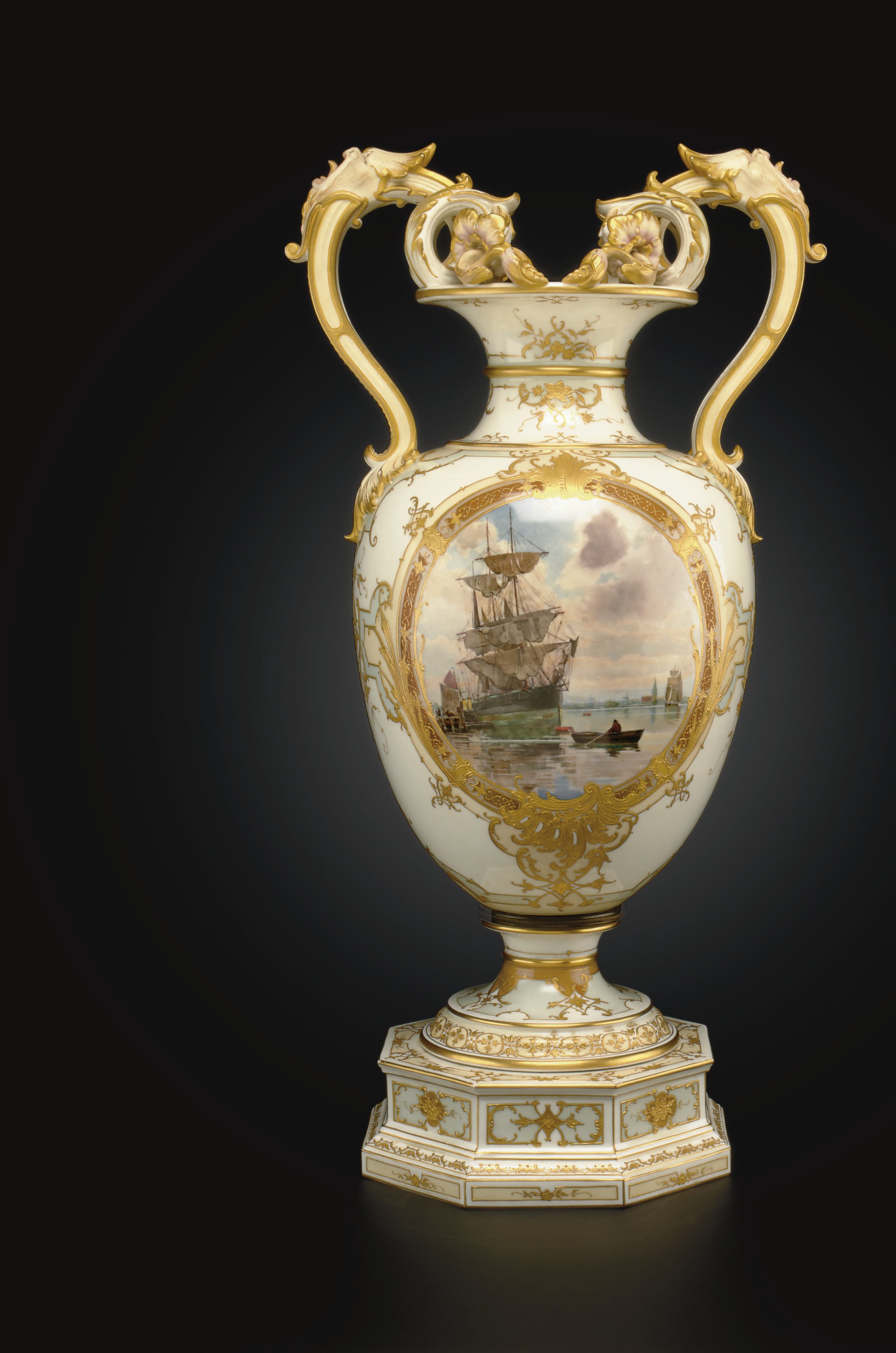 A BERLIN (K.P.M.) IVORY-GROUND VASE ON FIXED STAND