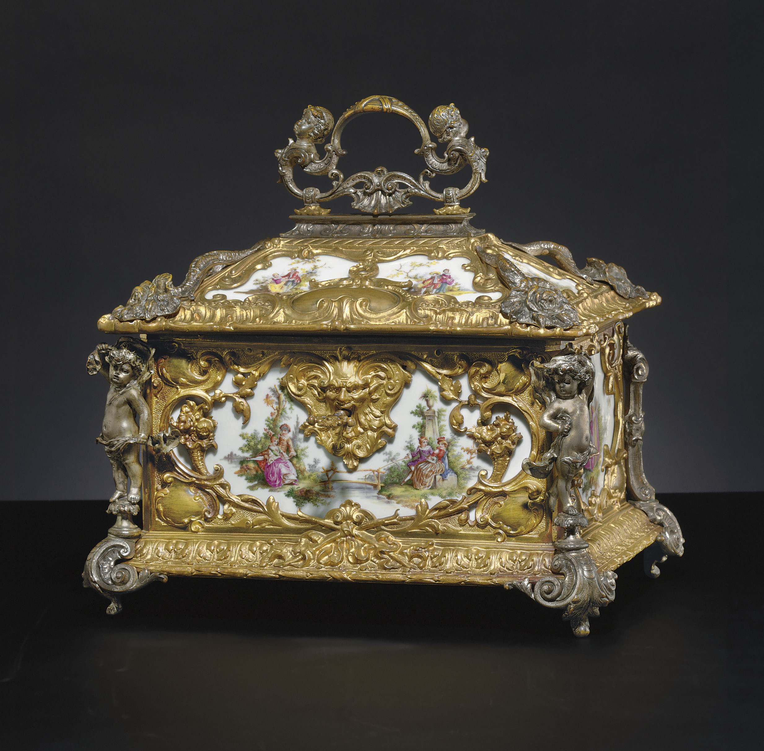 AN ORMOLU AND SILVERED BRONZE MOUNTED BERLIN COFFER AND COVER