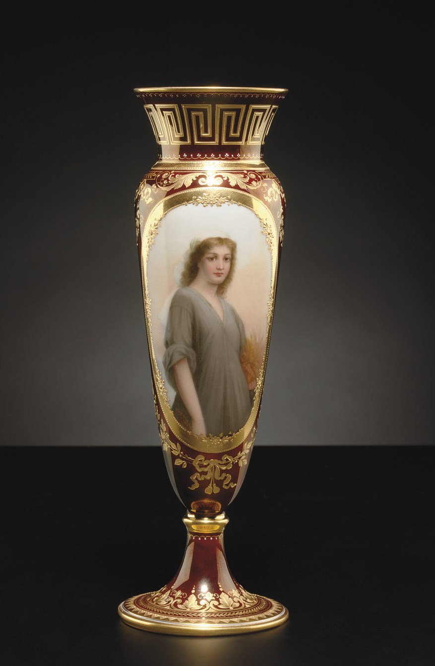 A VIENNA STYLE IRIDESCENT-RUBY GROUND PORTRAIT VASE, 'RUTH'