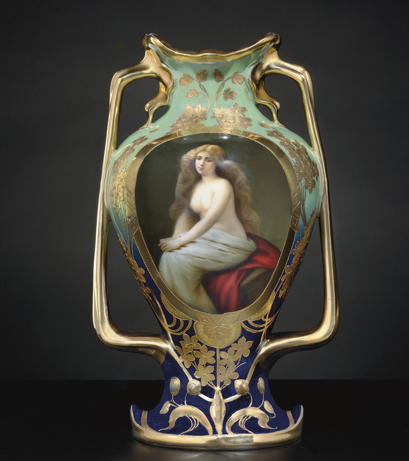 A VIENNA STYLE IRIDESCENT CELADON AND COBALT-BLUE GROUND PORTRAIT VASE, 'SOLITUDE'