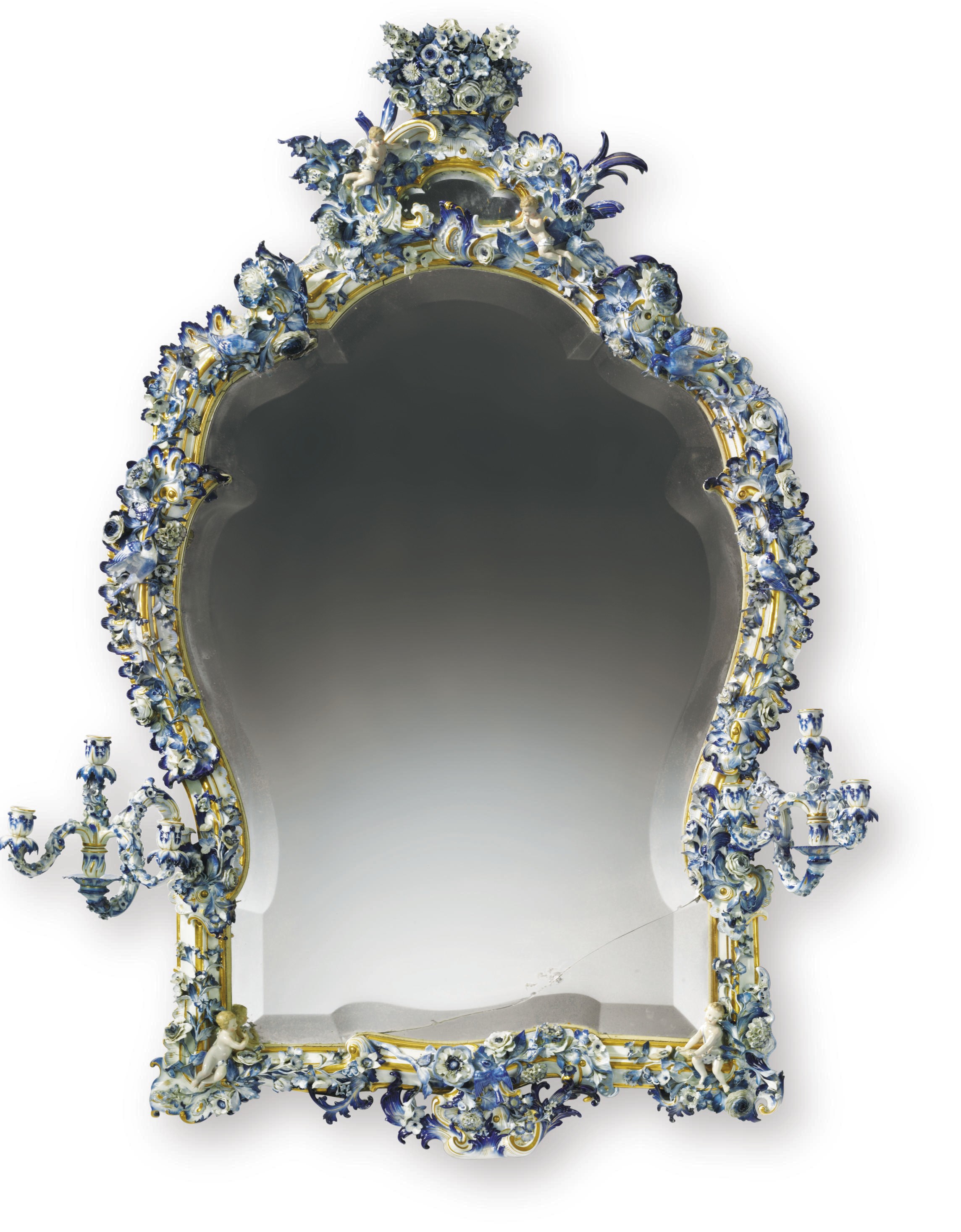 A MONUMENTAL MEISSEN BLUE AND WHITE FLOWER-ENCRUSTED MIRROR