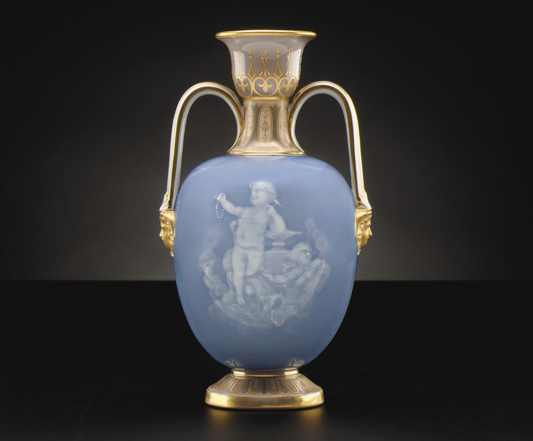 A MEISSEN PATE-SUR-PATE BLUE, PINK AND LAVENDER GROUND VASE