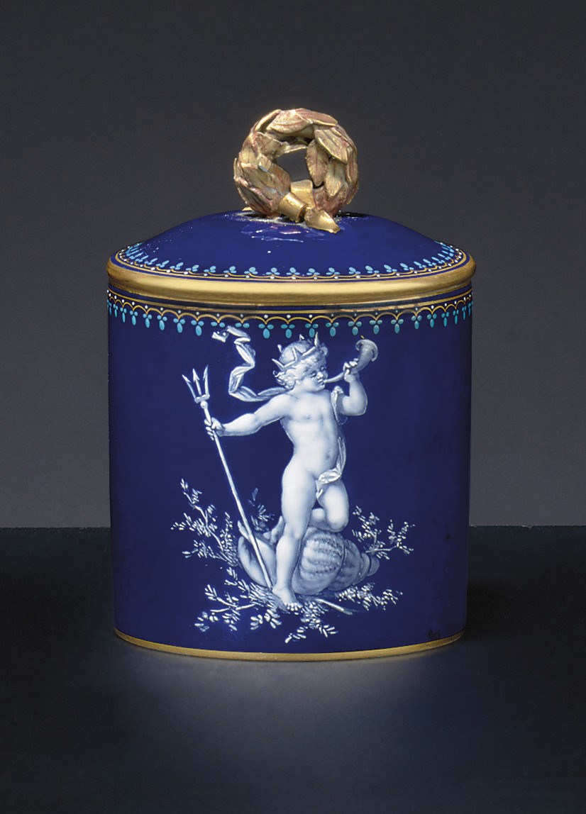 A MEISSEN ENAMELED COBALT-BLUE GROUND CHOCOLATE-CUP, COVER AND STAND