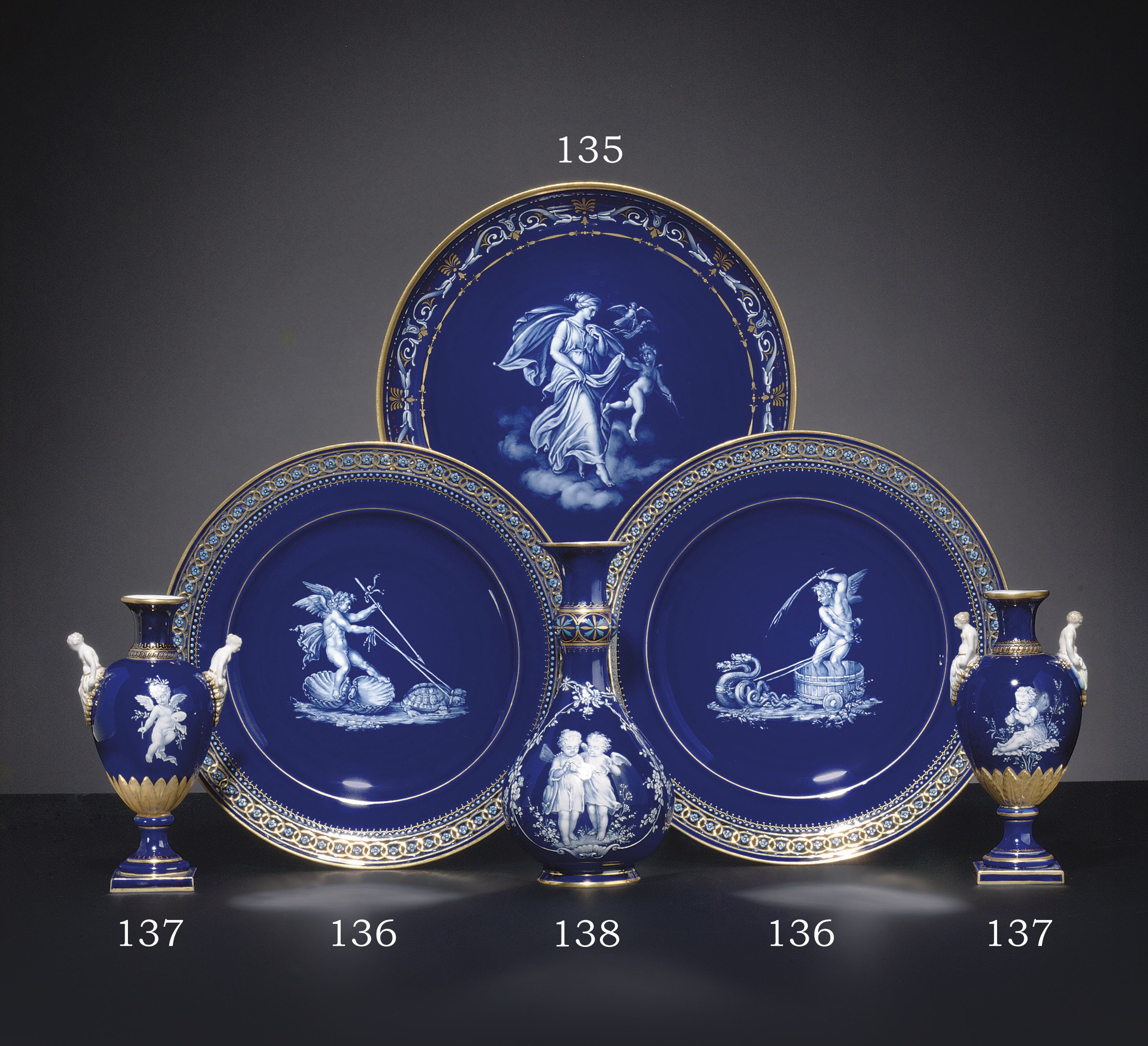 A MEISSEN ENAMELED COBALT-BLUE GROUND SAUCER DISH