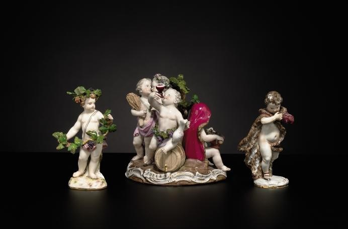 THREE MEISSEN FIGURES AND A MEISSEN (OUTSIDE-DECORATED) FIGURE GROUP EMBLEMATIC OF THE SEASONS