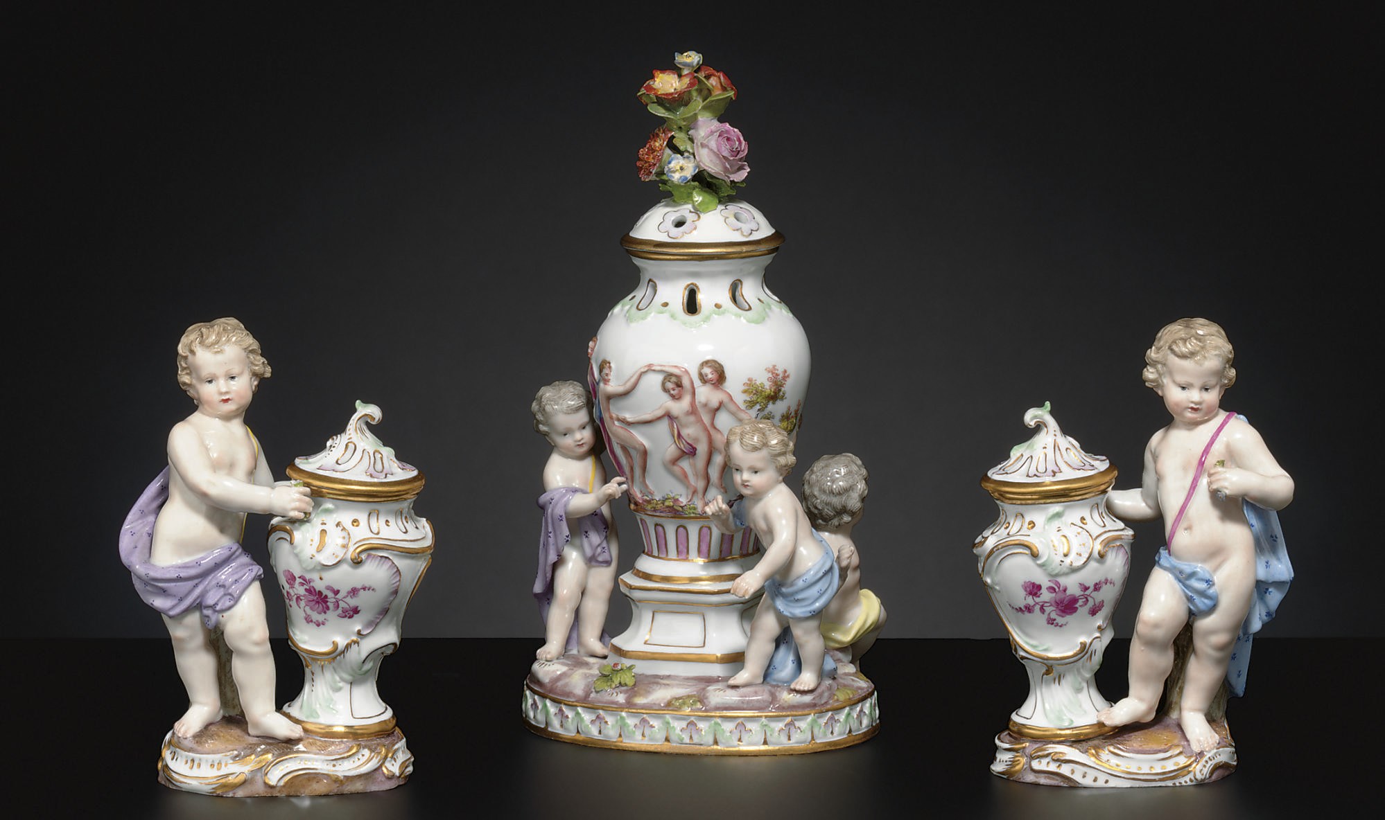THREE MEISSEN FIGURAL VASES AND COVERS