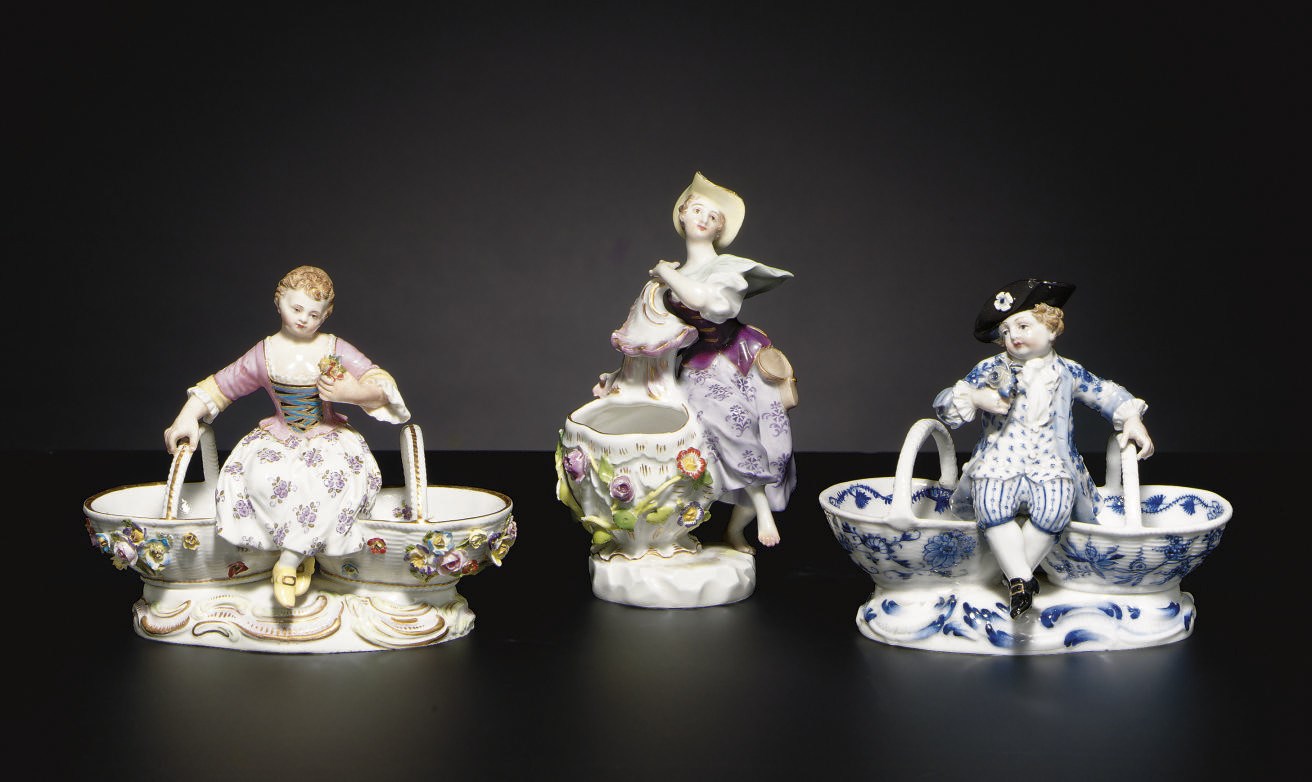 A MEISSEN FIGURAL SWEETMEAT AND TWO MEISSEN FIGURAL DOUBLE-SALTS