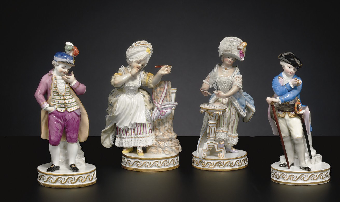 A MATCHED PAIR OF MEISSEN FIGURES OF AN OFFICER AND COMPANION AND TWO MEISSEN FIGURES