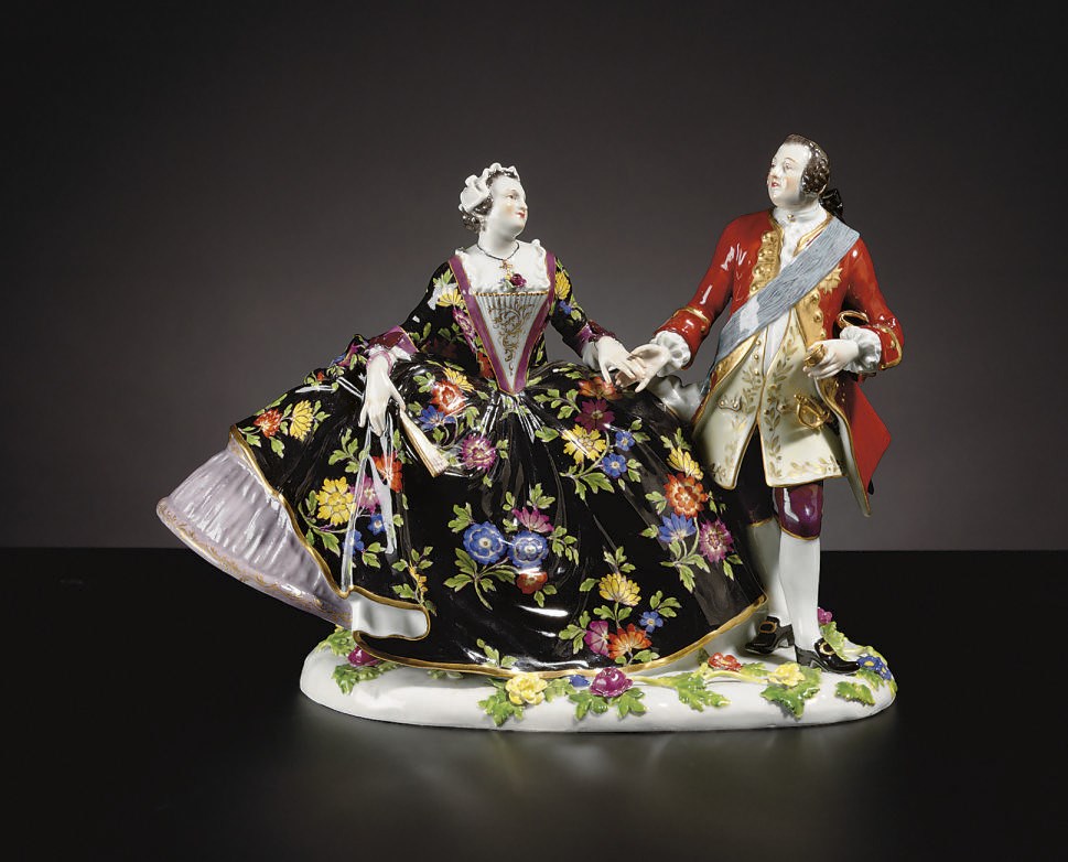 A MEISSEN (OUTSIDE-DECORATED) CRINOLINE GROUP OF AUGUSTUS III AND MARIA JOSEPHA