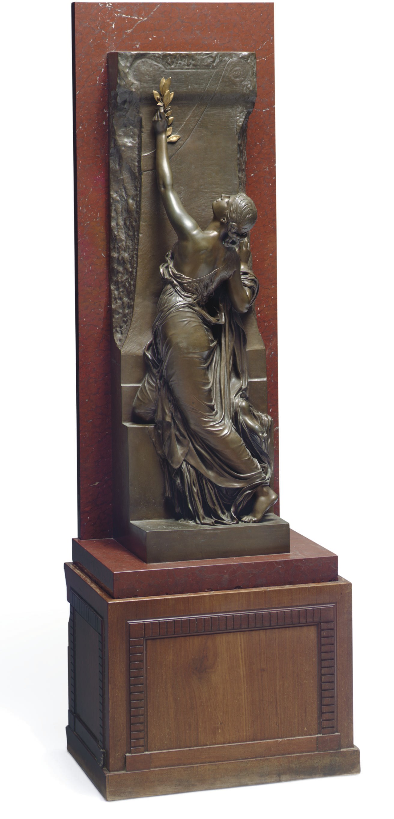 A FRENCH PARCEL-GILT, PATINATED BRONZE AND ROUGE MARBLE FIGURE ENTITLED 'LA JEUNESSE'