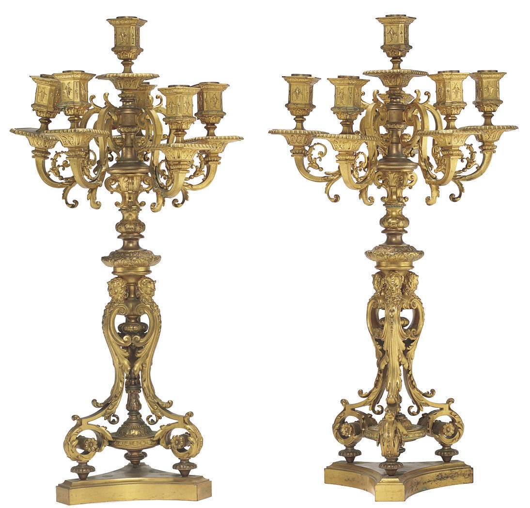A PAIR OF FRENCH ORMOLU SIX-LIGHT CANDELABRA
