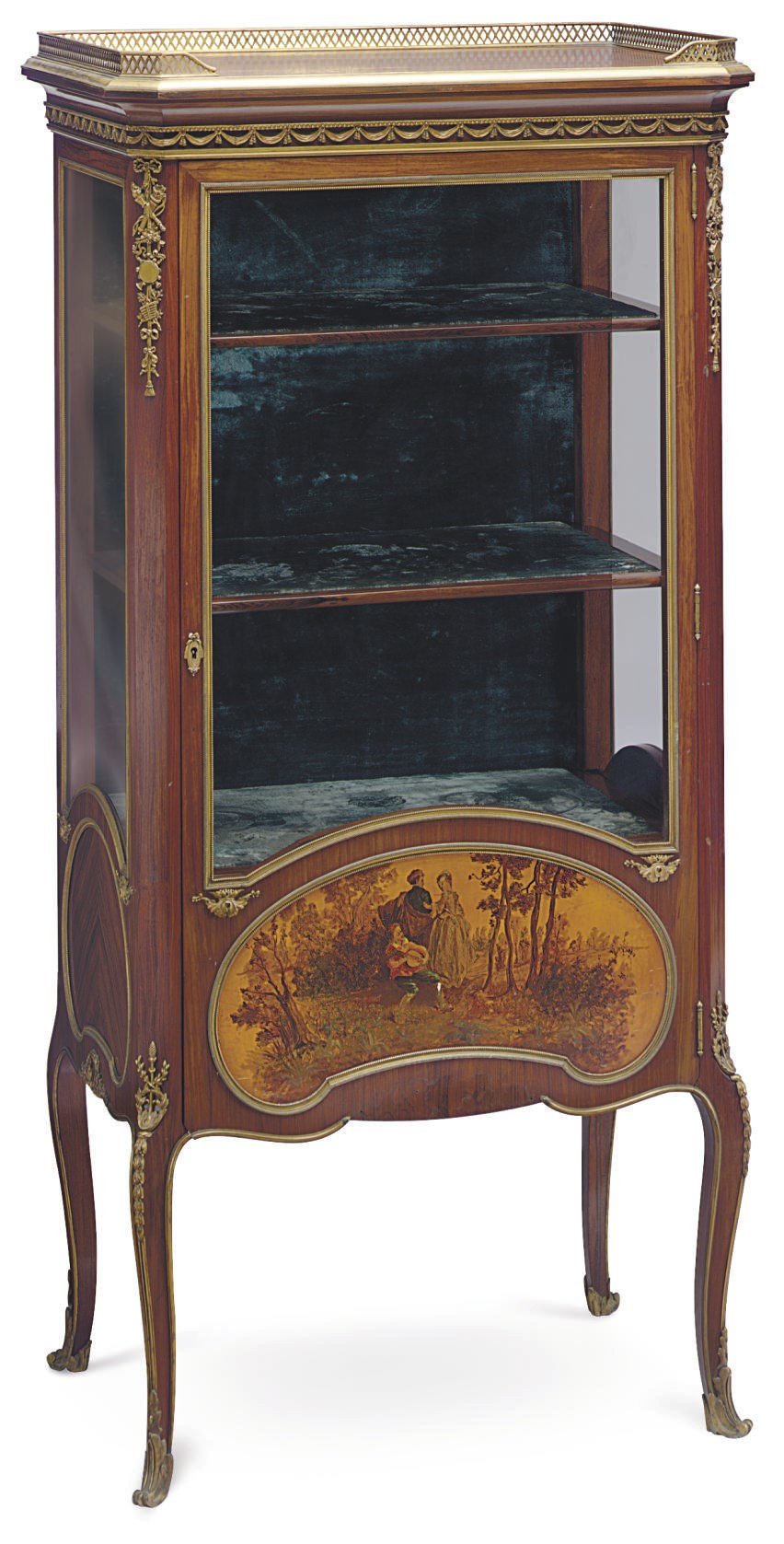 A FRENCH ORMOLU-MOUNTED MAHOGANY AND VERNIS MARTIN VITRINE
