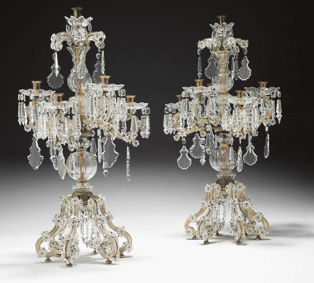 A PAIR OF FRENCH CUT- AND MOULDED-GLASS SIX-LIGHT CANDELABRA