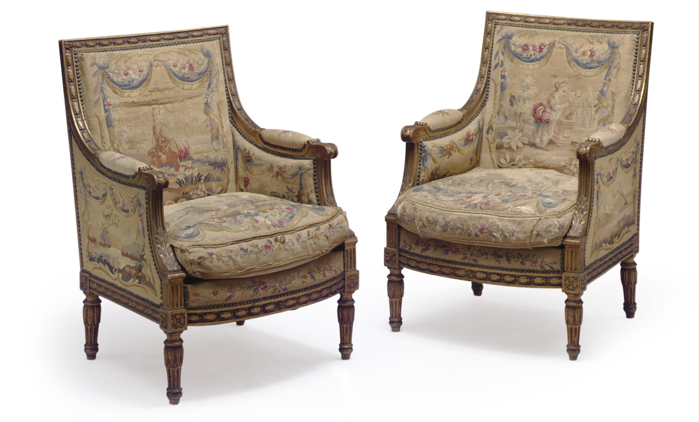 A PAIR OF FRENCH GILTWOOD AND AUBUSSON BERGERES