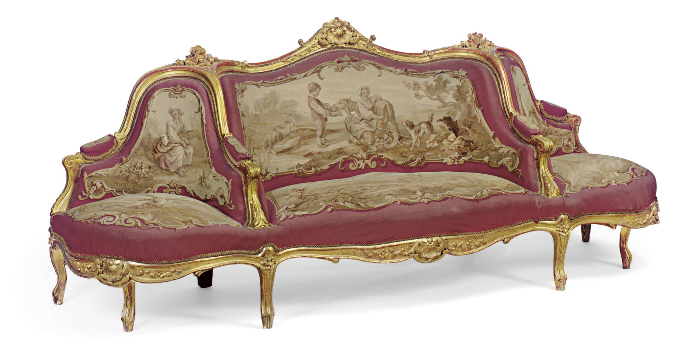 A FRENCH GILTWOOD AND AUBUSSON CONFIDANTE