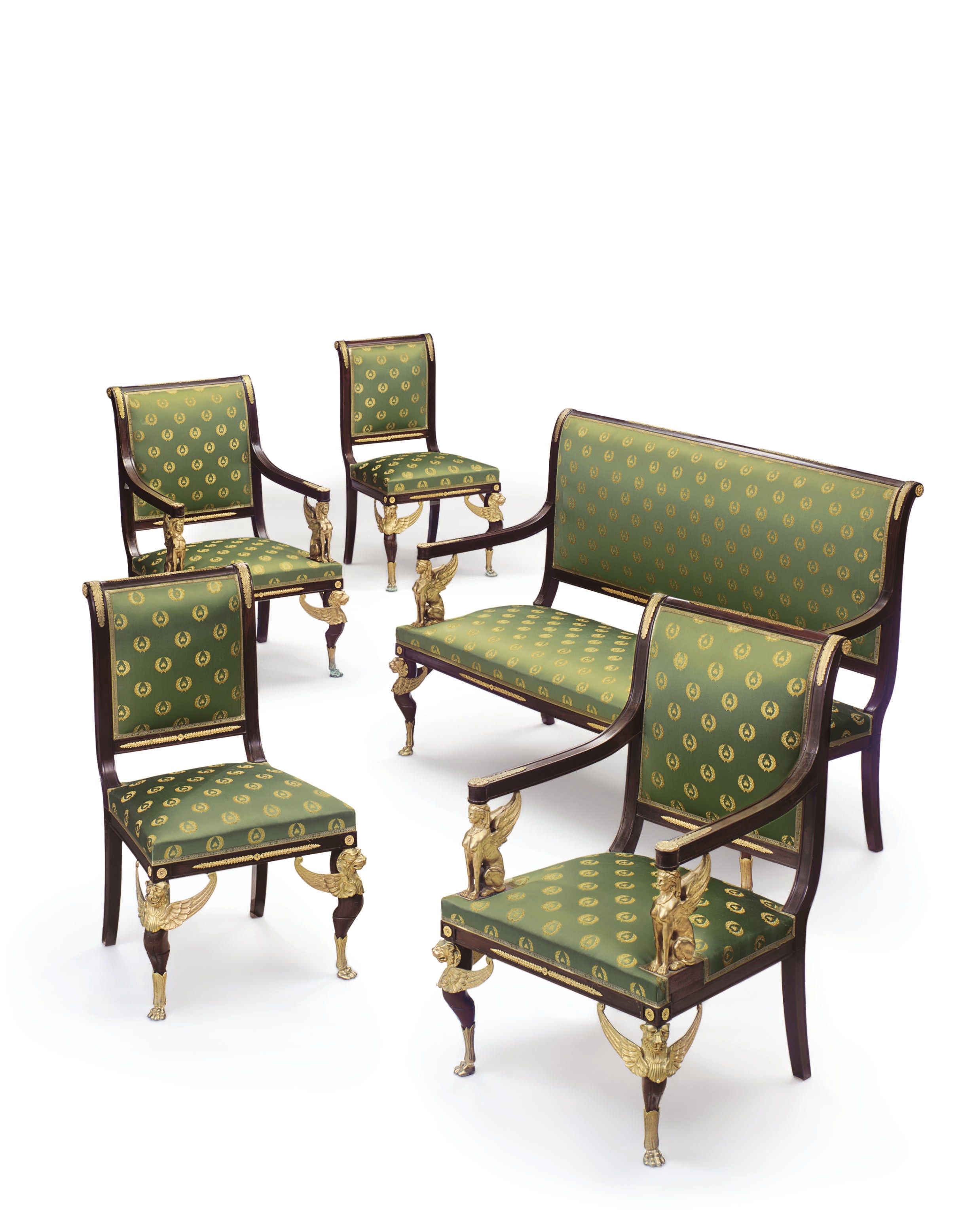 A FRENCH ORMOLU-MOUNTED MAHOGANY FIVE-PIECE SALON SUITE
