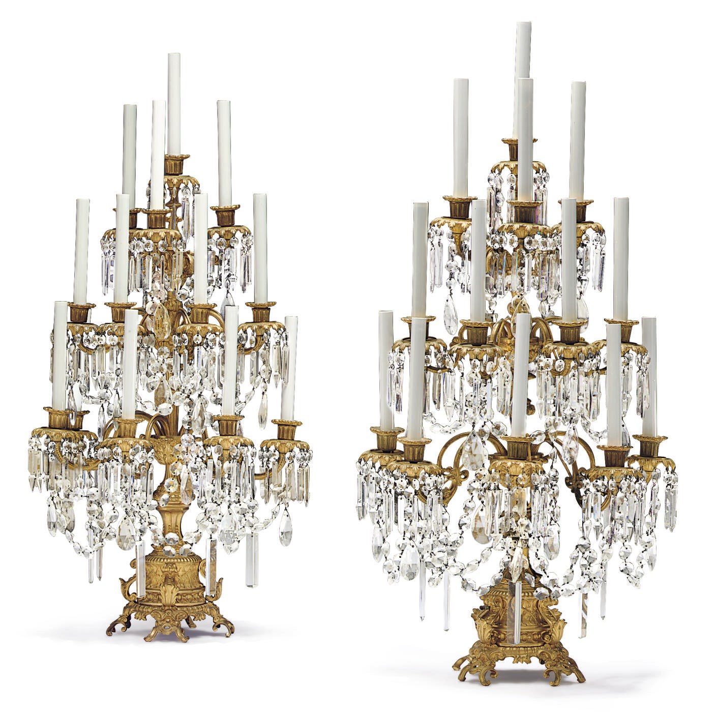 A PAIR OF FRENCH ORMOLU AND CUT-GLASS TWELVE-LIGHT CANDELABRA