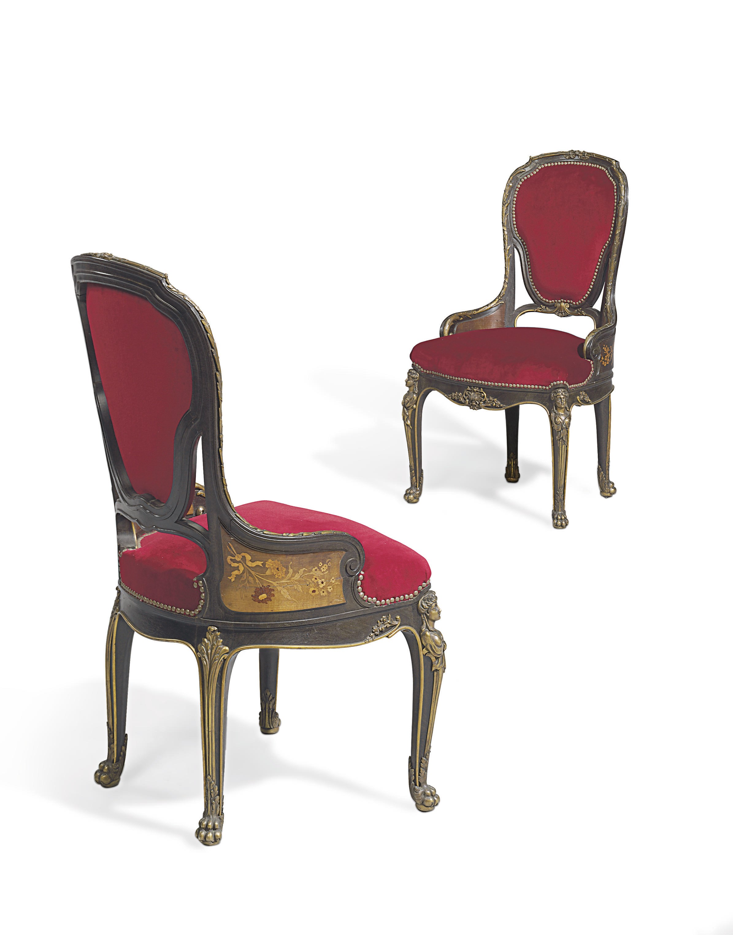 A PAIR OF FRENCH ORMOLU-MOUNTED MAHOGANY AND MARQUETRY SIDE-CHAIRS