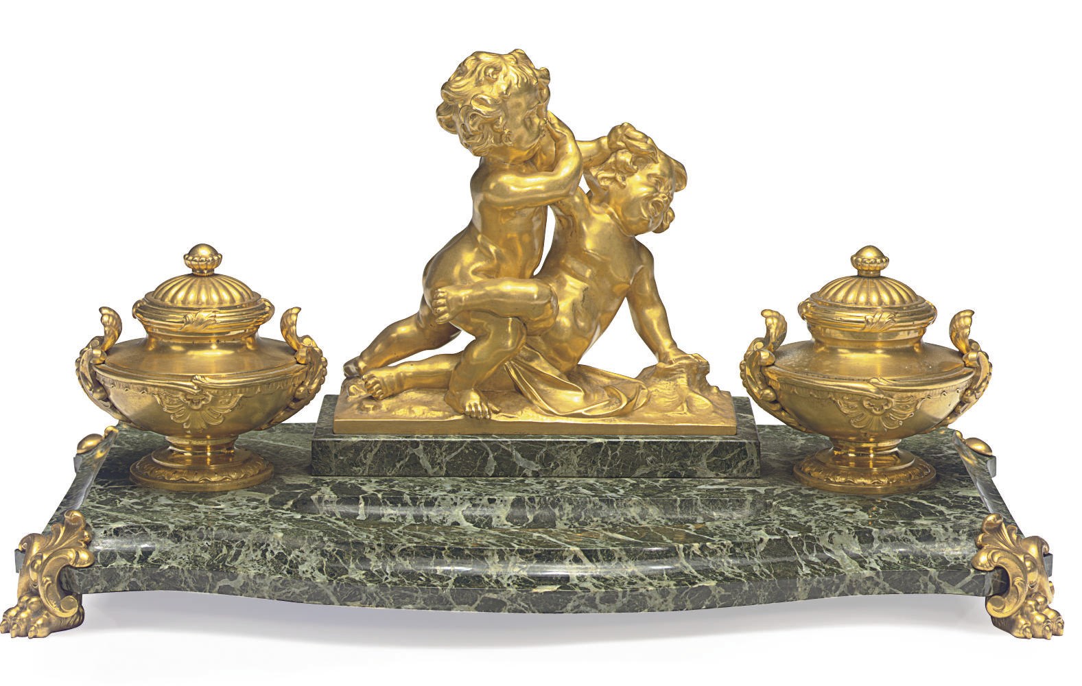 AN ORMOLU AND GREEN MARBLE ENCRIER