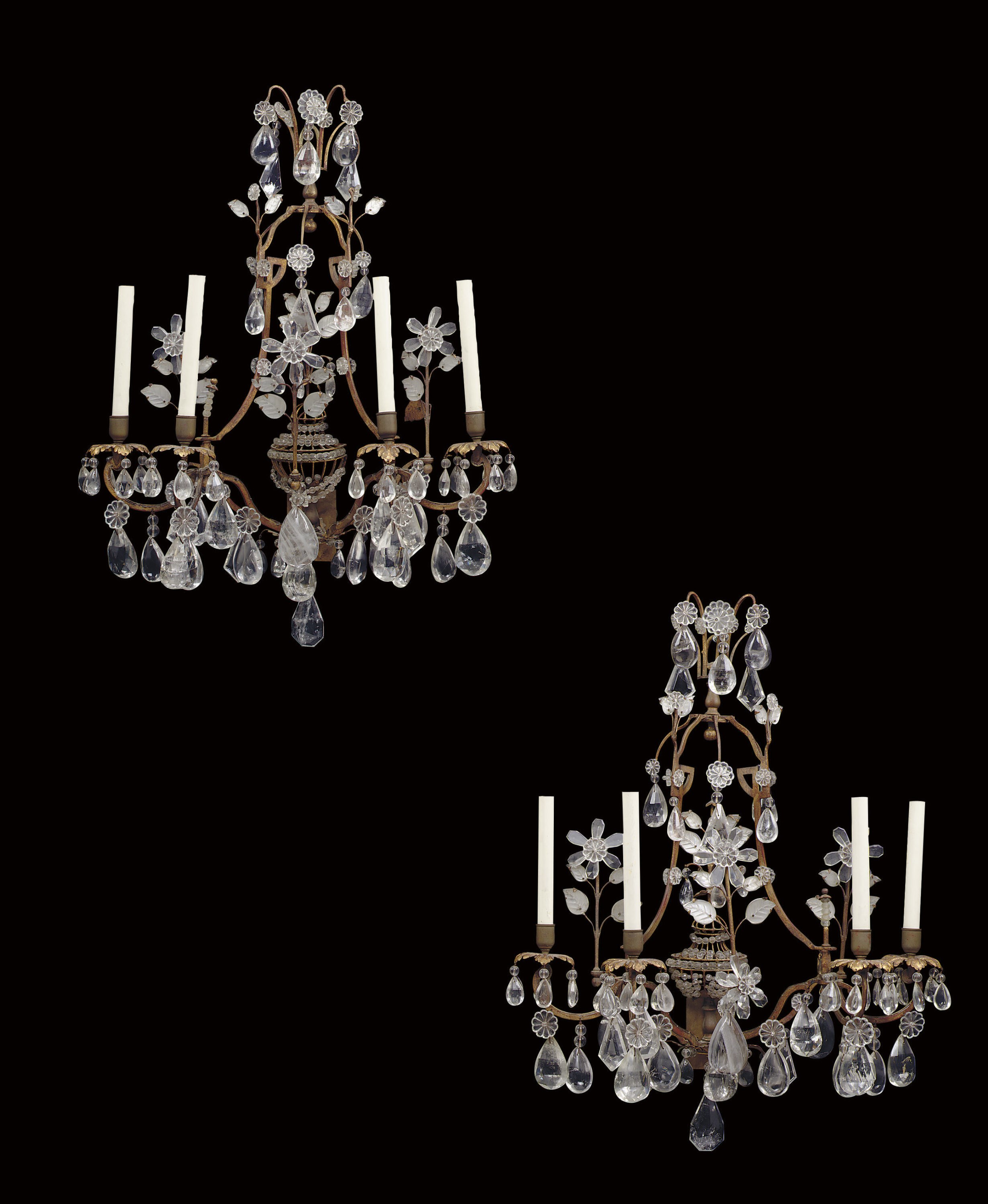 A PAIR OF FRENCH GILT-BRONZE AND ROCK-CRYSTAL FOUR-LIGHT WALL APPLIQUES