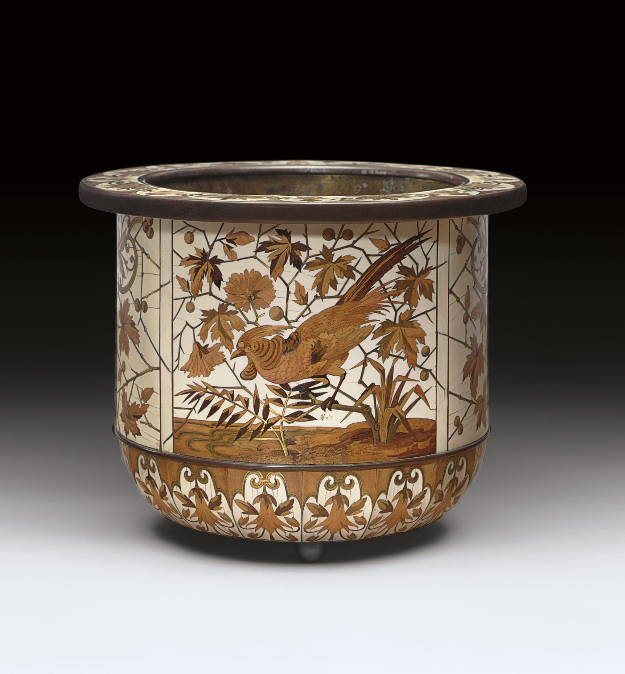 A FRENCH BRONZE-MOUNTED IVORY, BRASS AND STAINED FRUITWOOD MARQUETRY CACHEPOT**