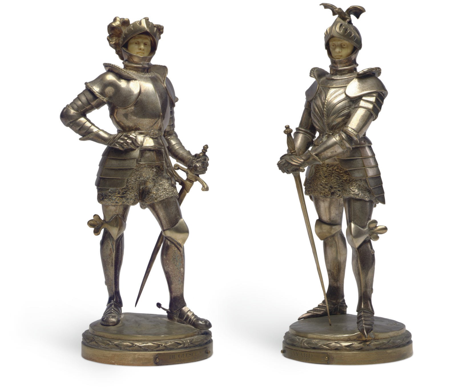 TWO FRENCH SILVERED BRONZE AND IVORY FIGURES OF PIERRE TERRAIL DE BAYARD AND BERTRAND DU GUESCLIN**