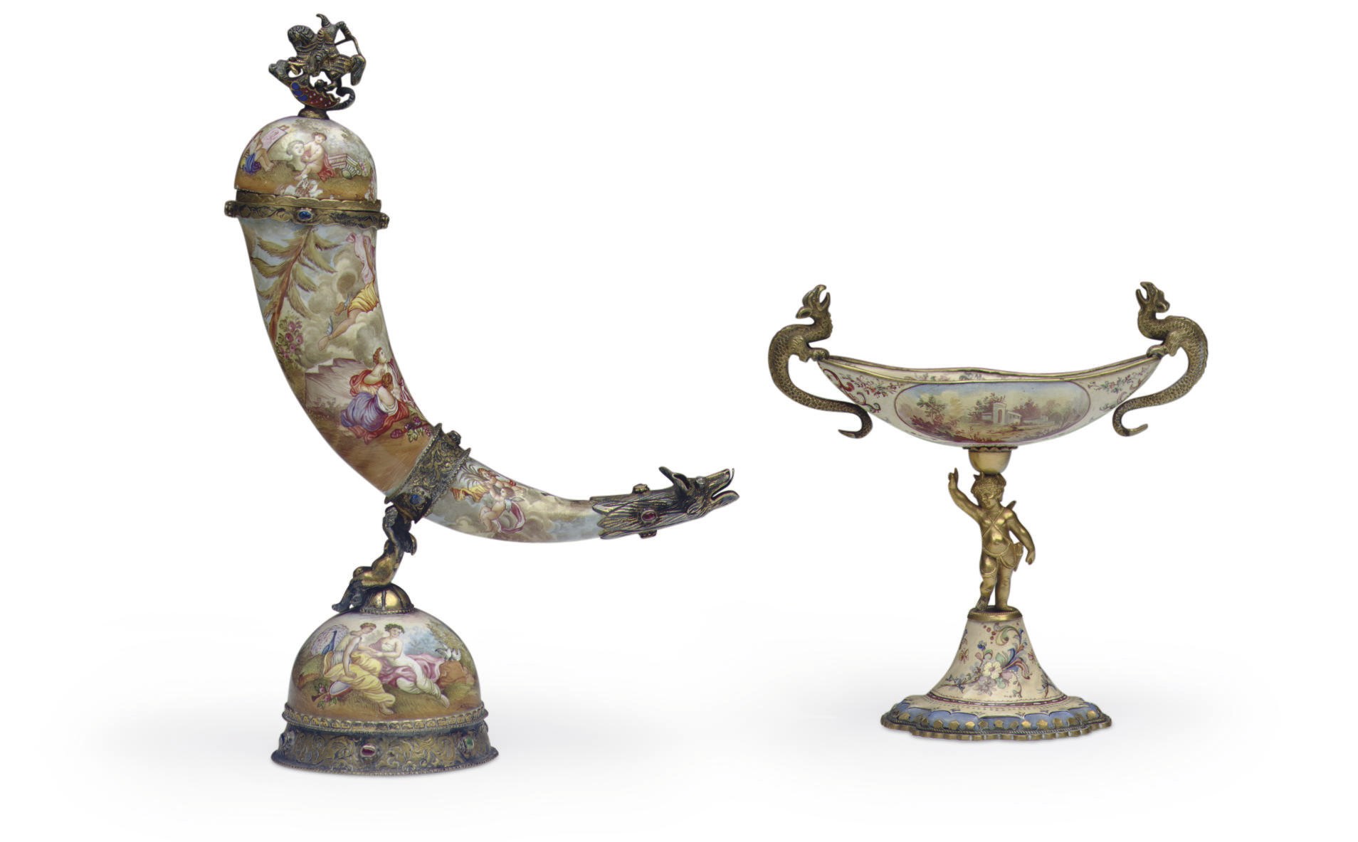 A VIENNESE SILVER AND ENAMEL 'JEWELLED' CORNUCOPIA AND FIGURAL COMPOTE