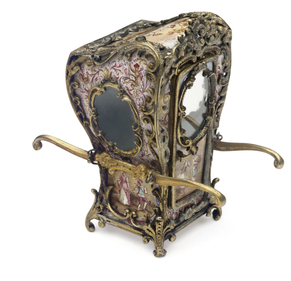 A VIENNESE SILVER AND ENAMEL MINIATURE SEDAN CHAIR