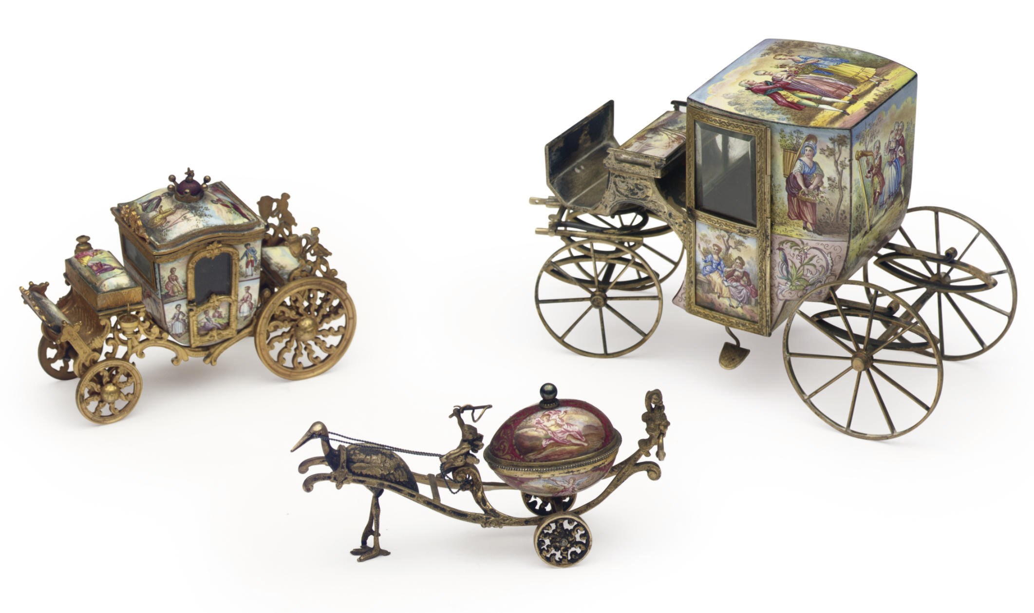 THREE VIENNESE ENAMEL MINIATURE CARRIAGES