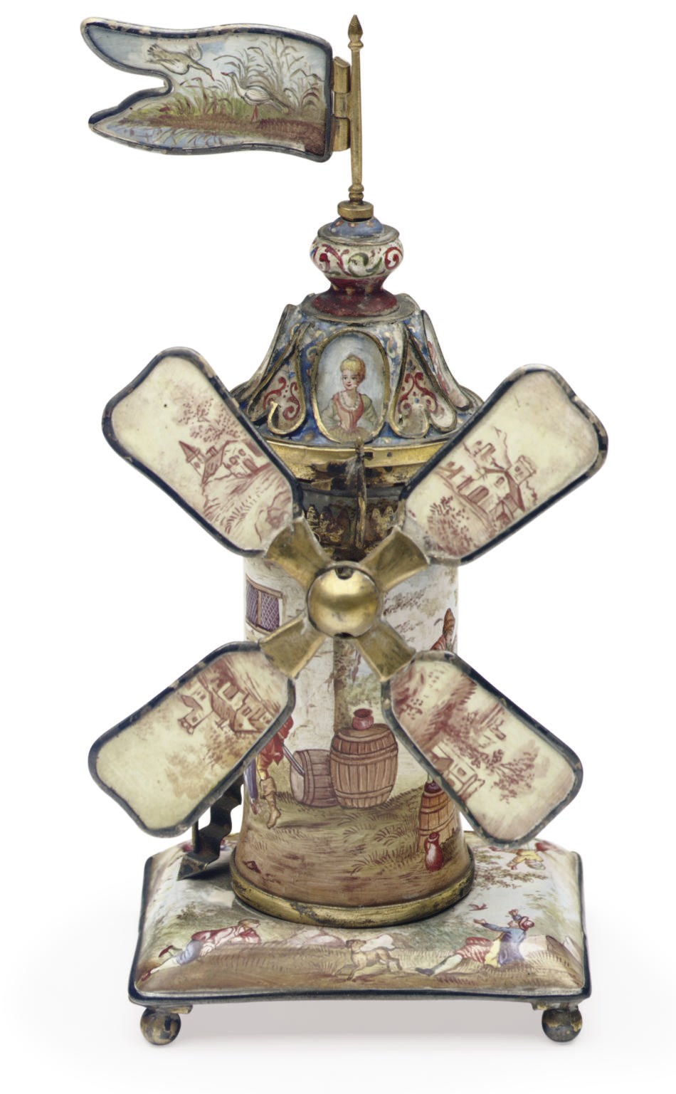 A VIENNESE SILVER AND ENAMEL WINDMILL-FORM ENCRIER