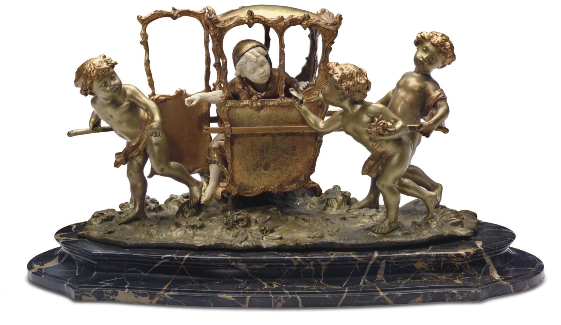 A FRENCH BRONZE AND IVORY GROUP OF FOUR PUTTI WITH A SEDAN CHAIR**