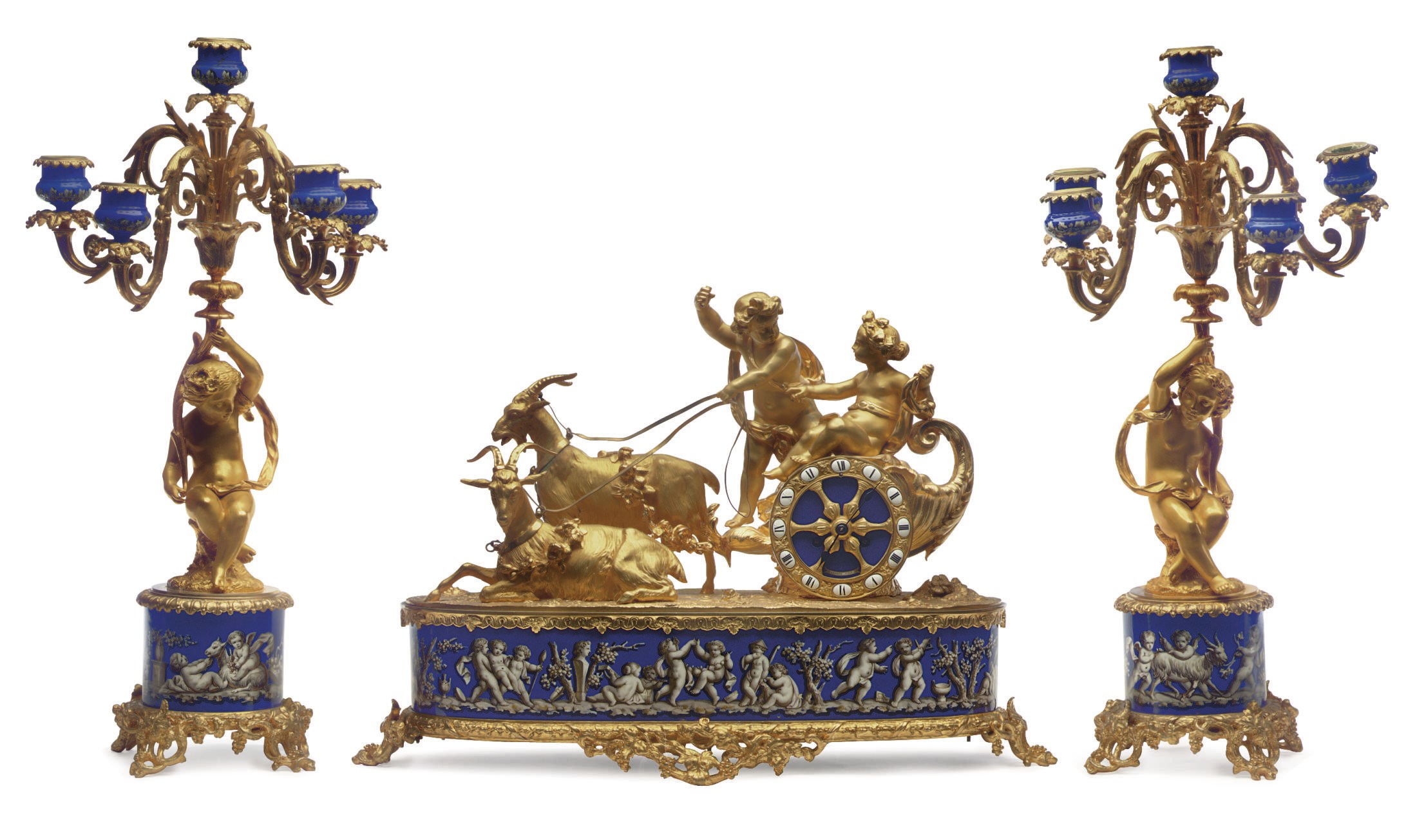 A FRENCH ORMOLU AND COBALT BLUE-GROUND THREE-PIECE CLOCK GARNITURE