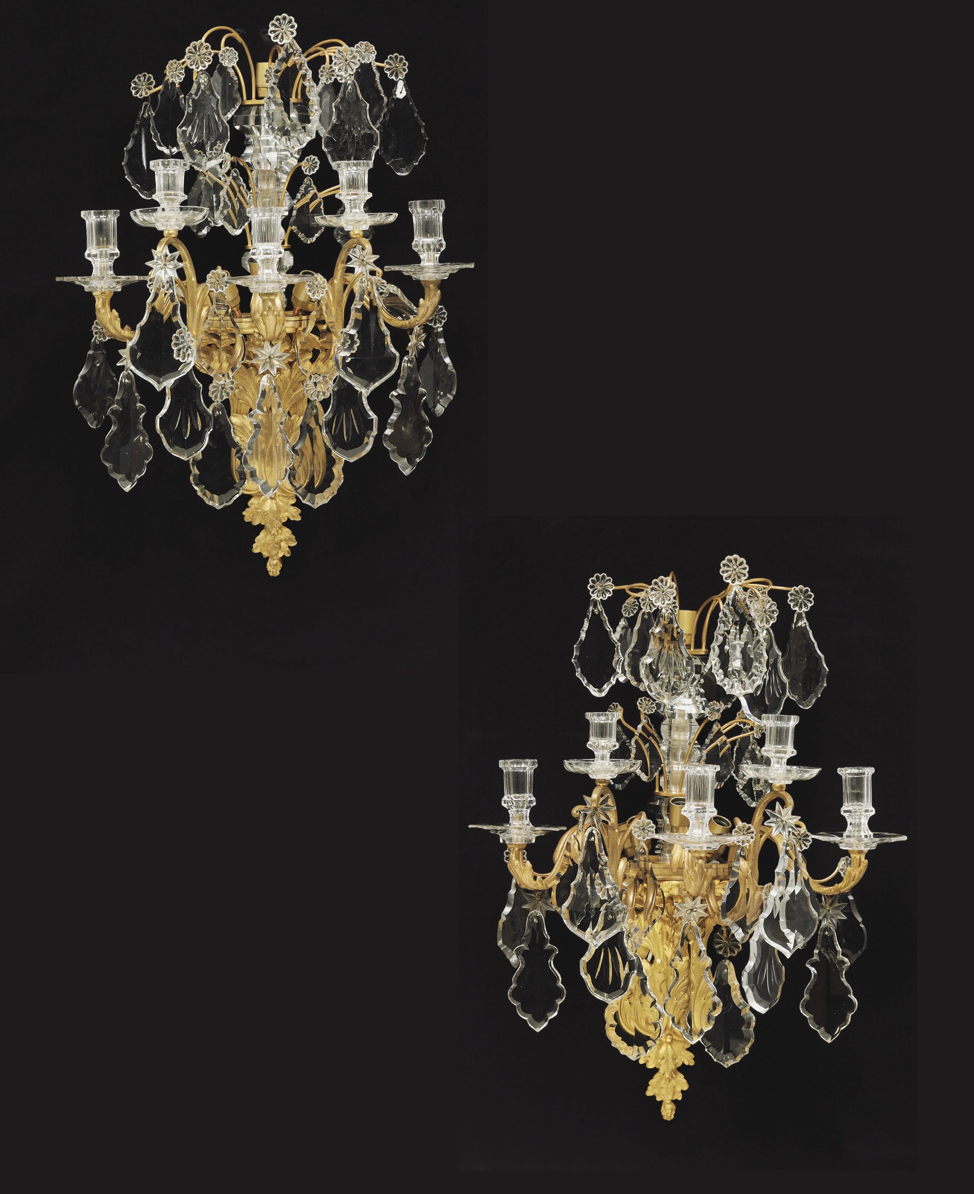 A PAIR OF ORMOLU AND CUT-GLASS FIVE-LIGHT WALL APPLIQUES