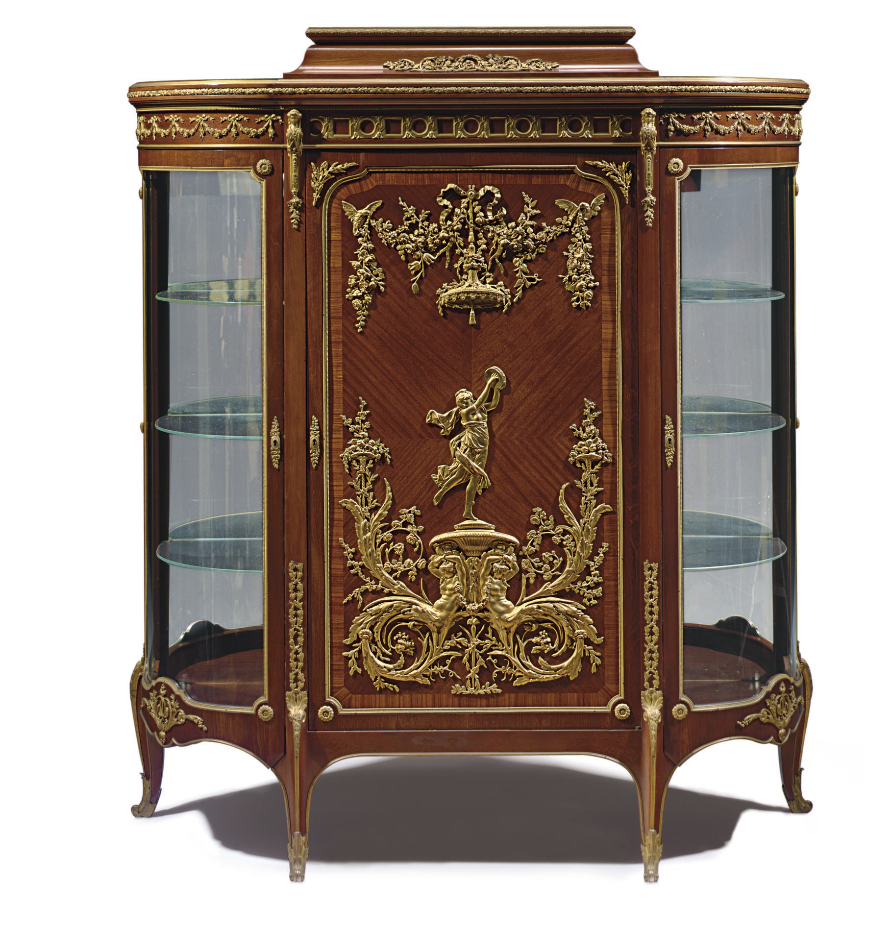 A FRENCH ORMOLU-MOUNTED MAHOGANY AND TULIPWOOD VITRINE CABINET