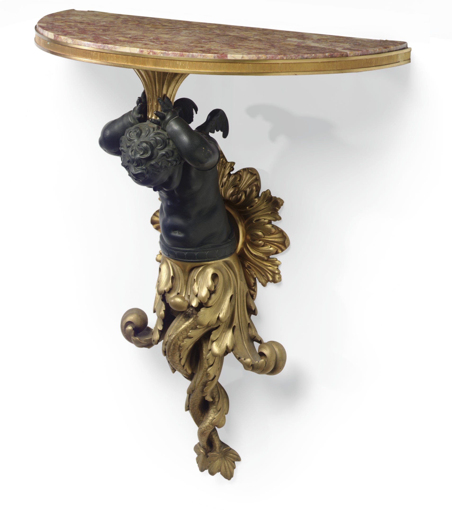 AN ORMOLU AND PATINATED BRONZE CONSOLE TABLE