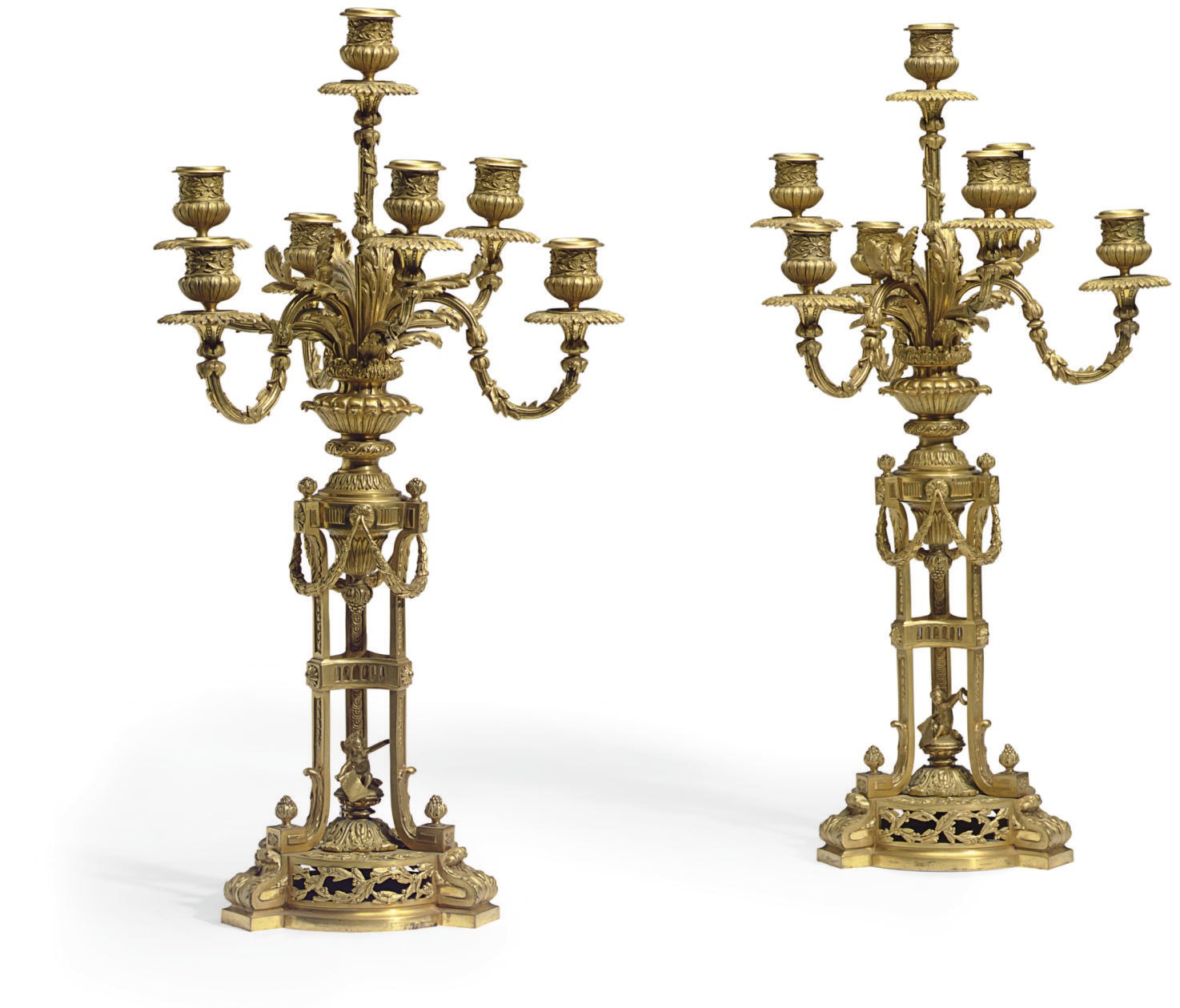 A PAIR OF FRENCH ORMOLU SEVEN-LIGHT CANDELABRA