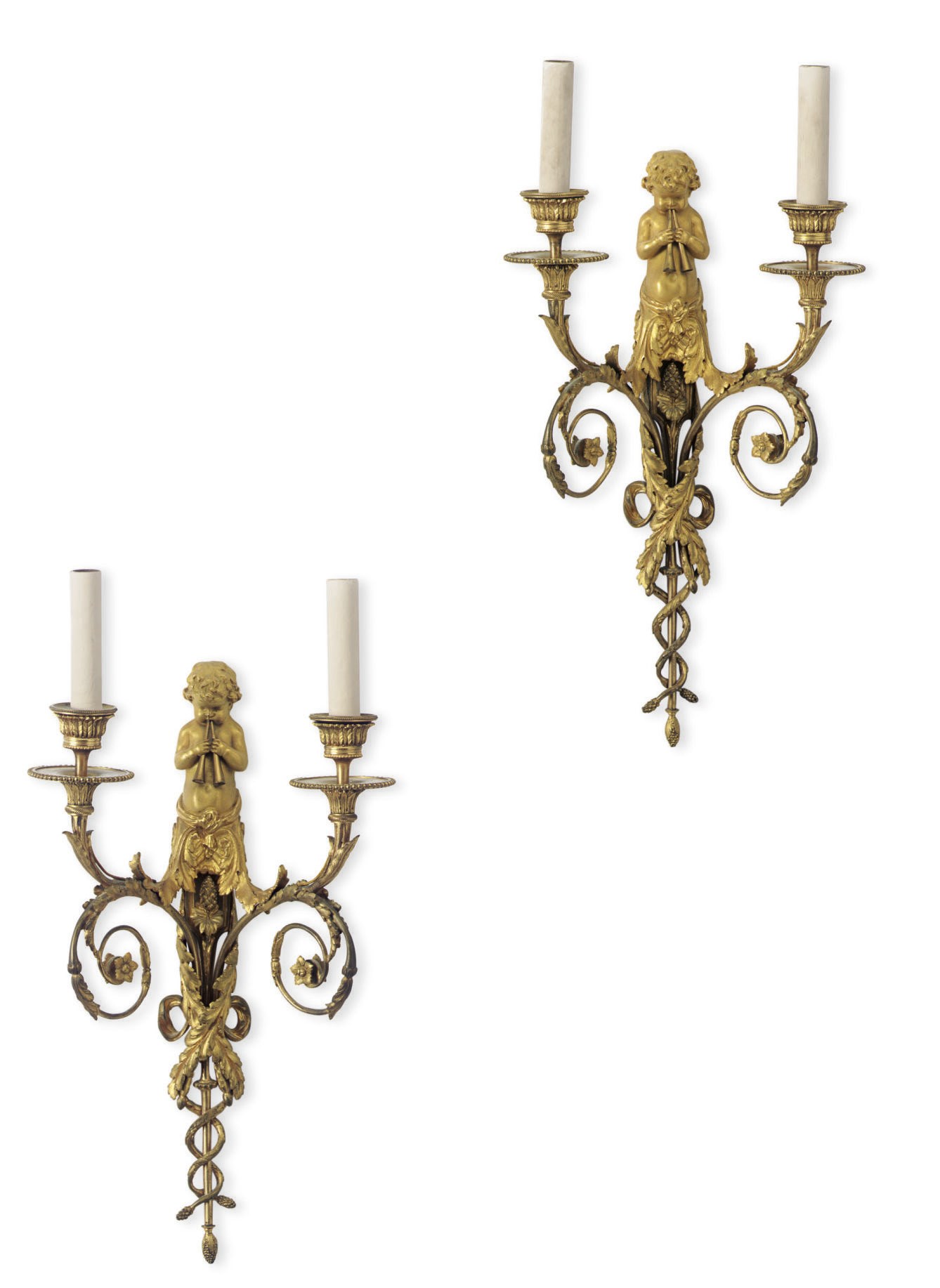 A PAIR OF FRENCH ORMOLU TWIN-LIGHT WALL APPLIQUES