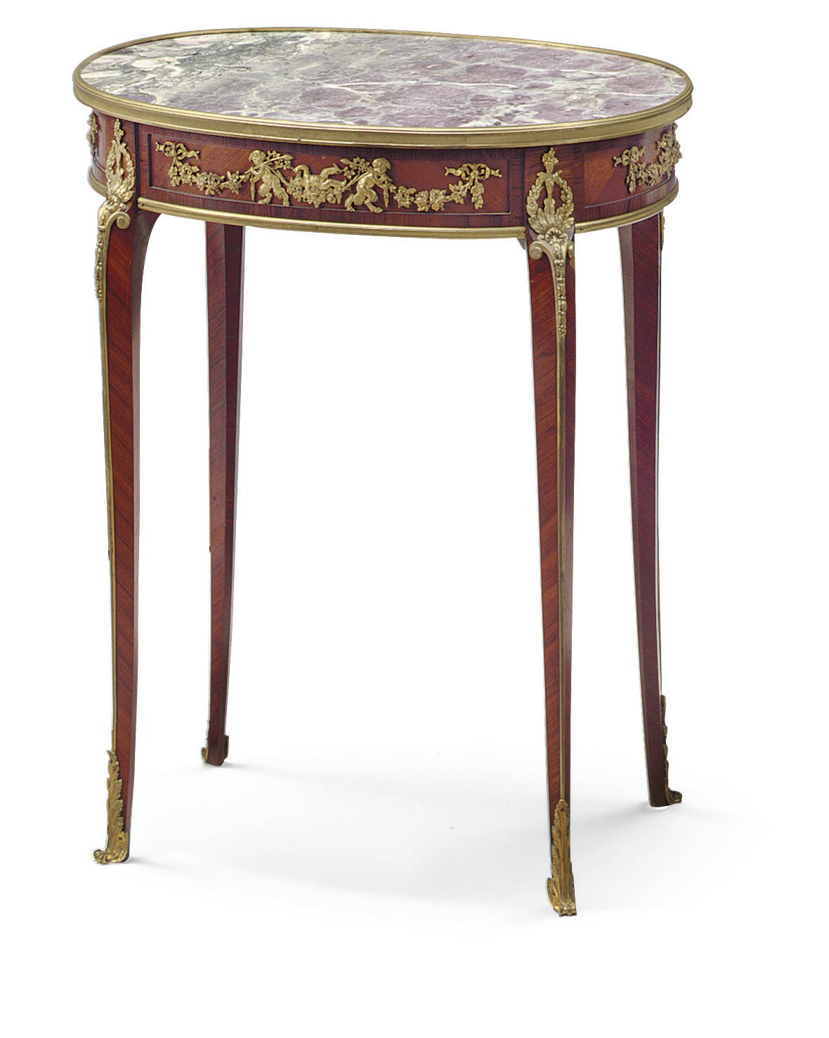 A FRENCH ORMOLU-MOUNTED KINGWOOD AND MAHOGANY MARBLE-TOP SIDE TABLE,