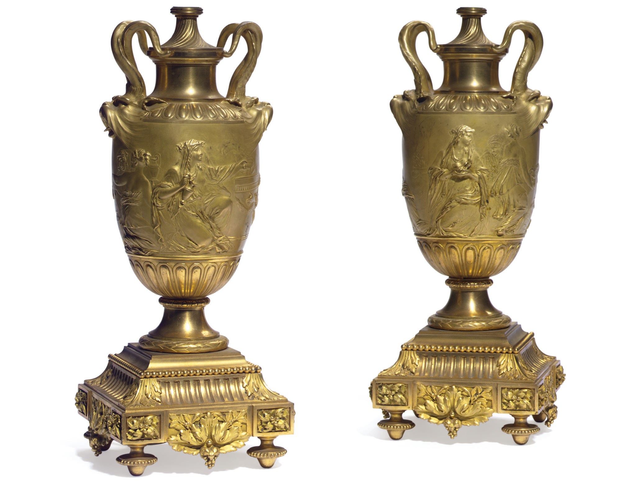 A PAIR OF FRENCH ORMOLU VASES, MOUNTED AS LAMPS