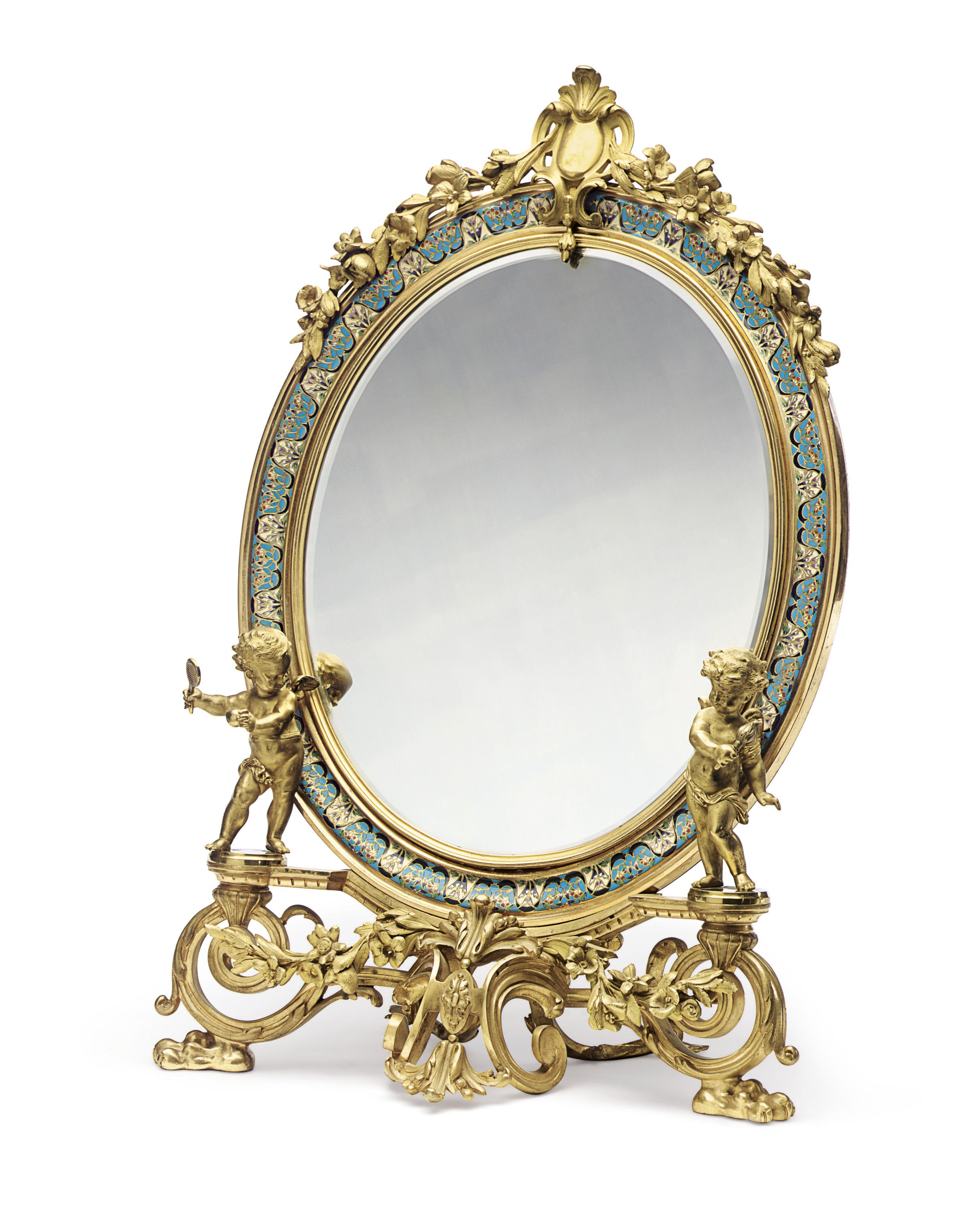 A FRENCH ORMOLU AND CHAMPLEVE ENAMEL DRESSING-TABLE MIRROR