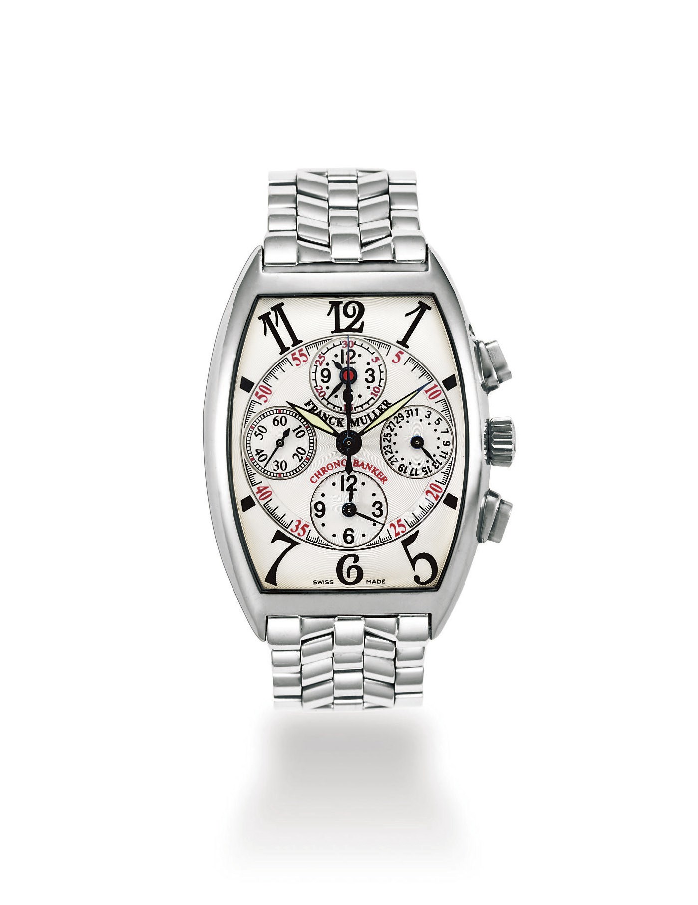 FRANCK MULLER, "CHRONO BANKER"

WHITE GOLD AUTOMATIC DUAL TIME CHRONOGRAPH BRACELET WATCH WITH DATE DISPLAY AND 24-HOUR INDICATION