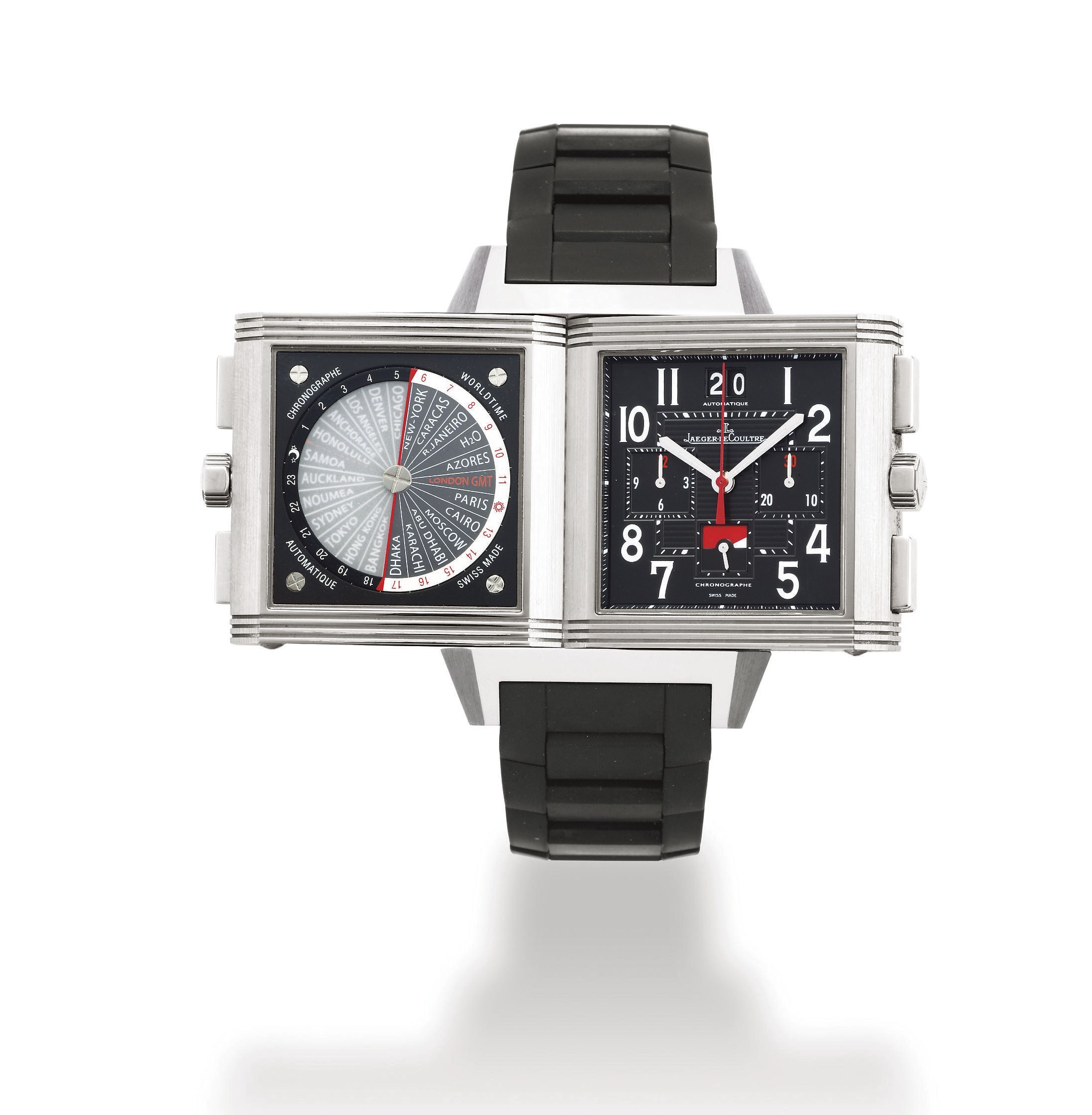 JAEGER-LECOULTRE, "REVERSO SQUADRA WORLD CHRONOGRAPH"

TITANIUM AUTOMATIC WORLD TIME CHRONOGRAPH DOUBLE DIALLED BRACELET WATCH WITH DATE DISPLAY AND DAY/NIGHT INDICATION, LIMITED SERIES OF 1,500 EXAMPLES