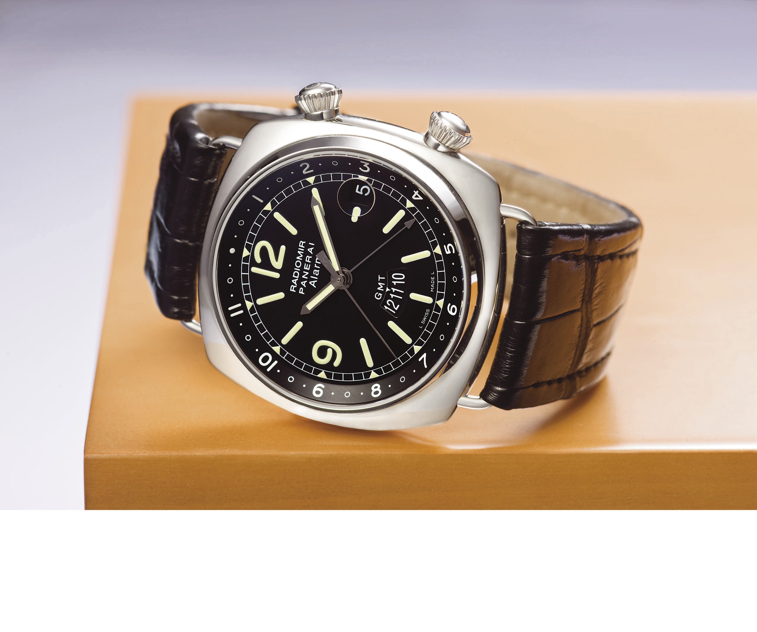 PANERAI, "RADIOMIR GMT ALARM" REF. PAM98

STAINLESS STEEL AUTOMATIC DUAL-TIME WRISTWATCH WITH DATE DISPLAY AND ALARM FUNCTION