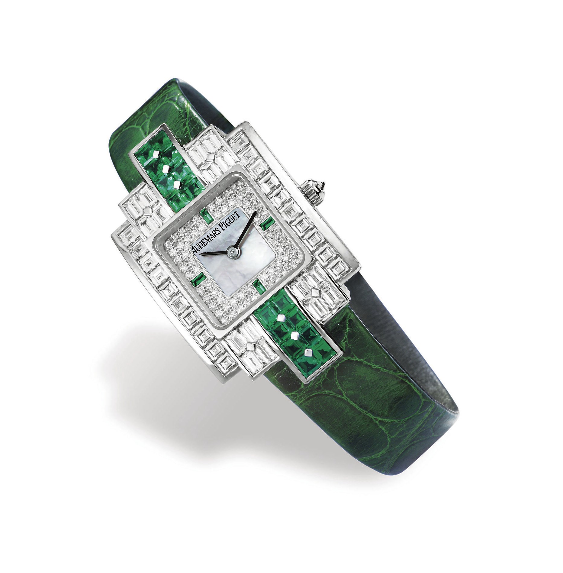 AUDEMARS PIGUET

WHITE GOLD MANUAL-WINDING WRISTWATCH WITH MOTHER-OF-PEARL DIAL, SET WITH 52 BAGUETTE AND SQUARE-CUT DIAMONDS AND EMERALDS WEIGHING ~4.80 CTS
