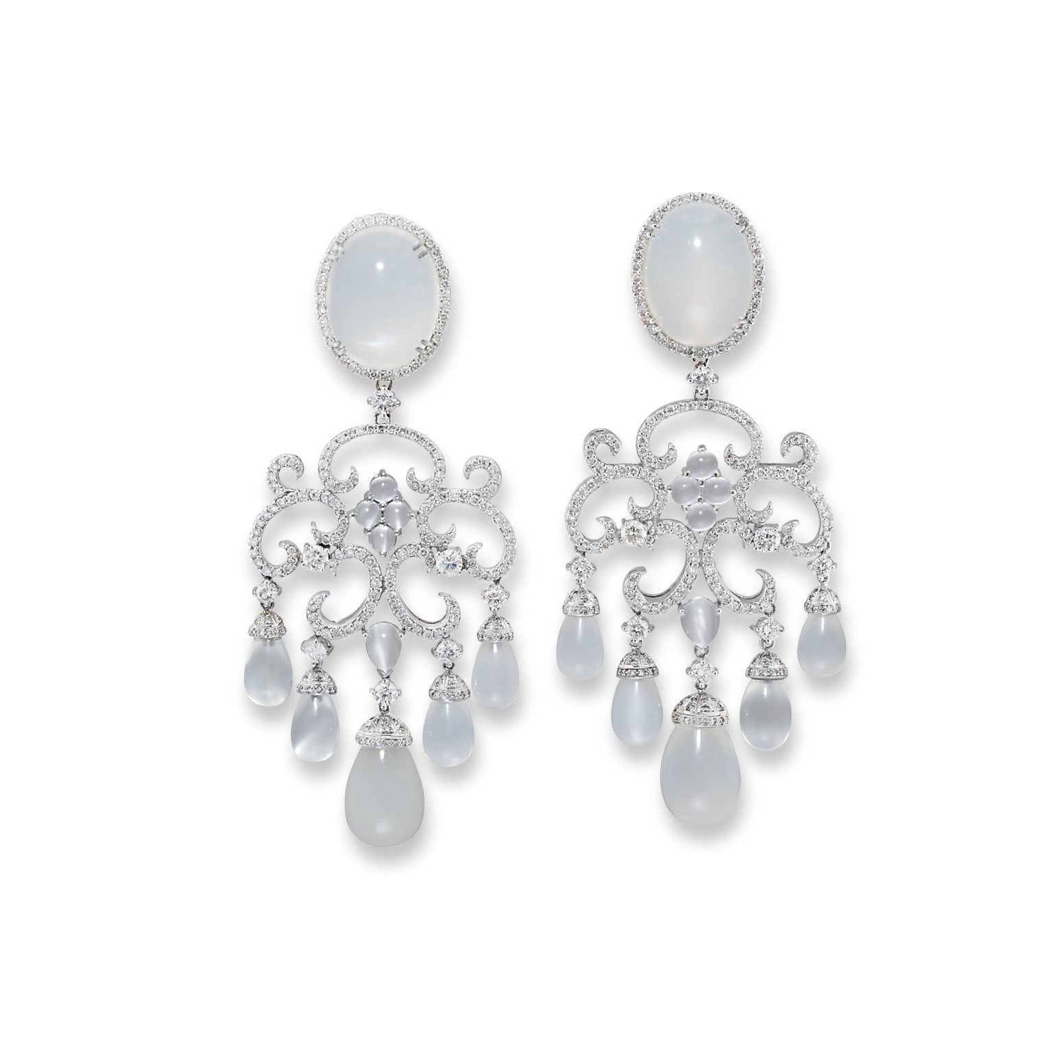 AN ATTRACTIVE PAIR OF MOONSTONE AND DIAMOND EAR PENDANTS, BY ELIZABETH BY PIRANESI