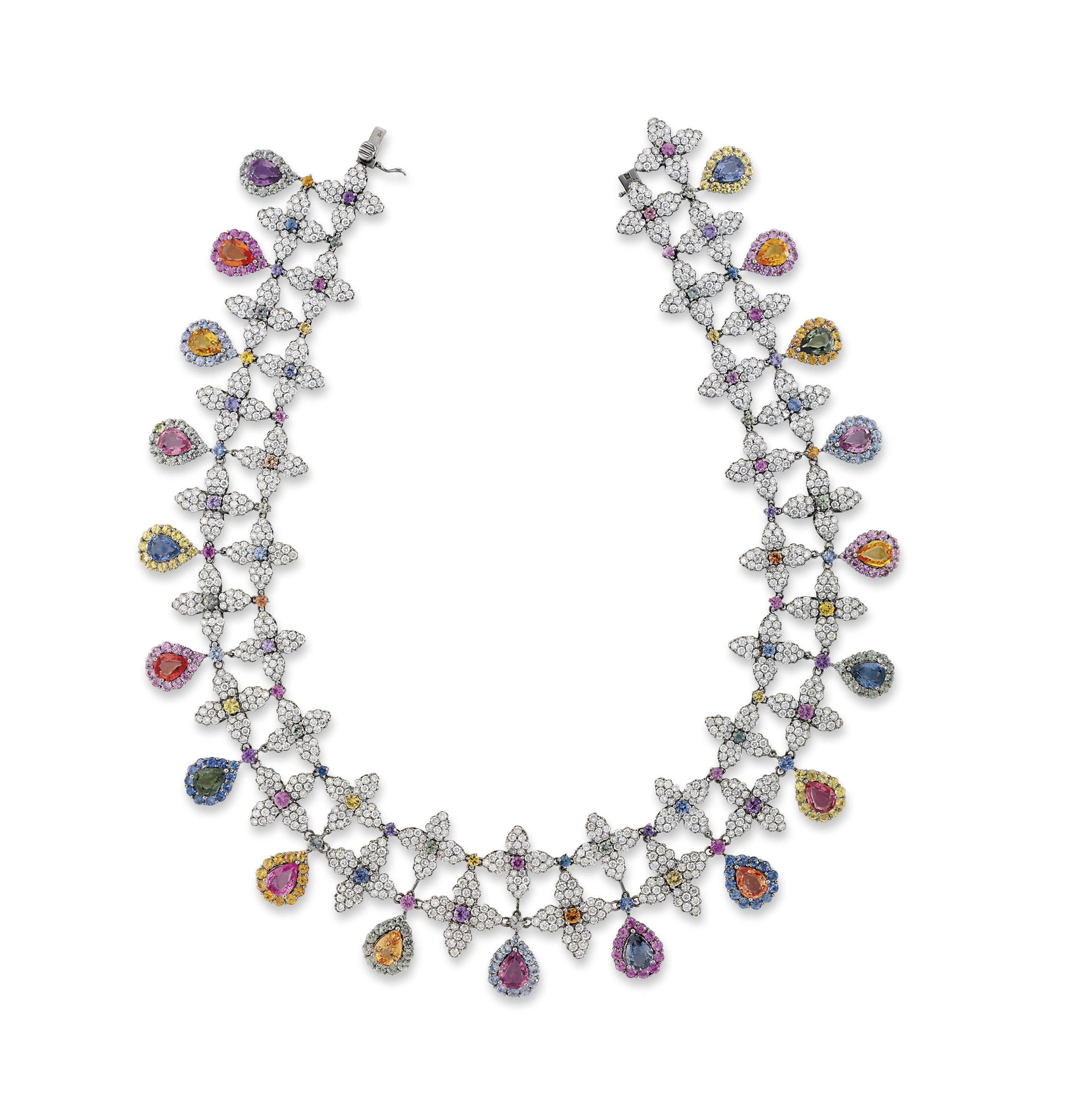 A MULTI-COLOURED SAPPHIRE AND DIAMOND FRINGE NECKLACE