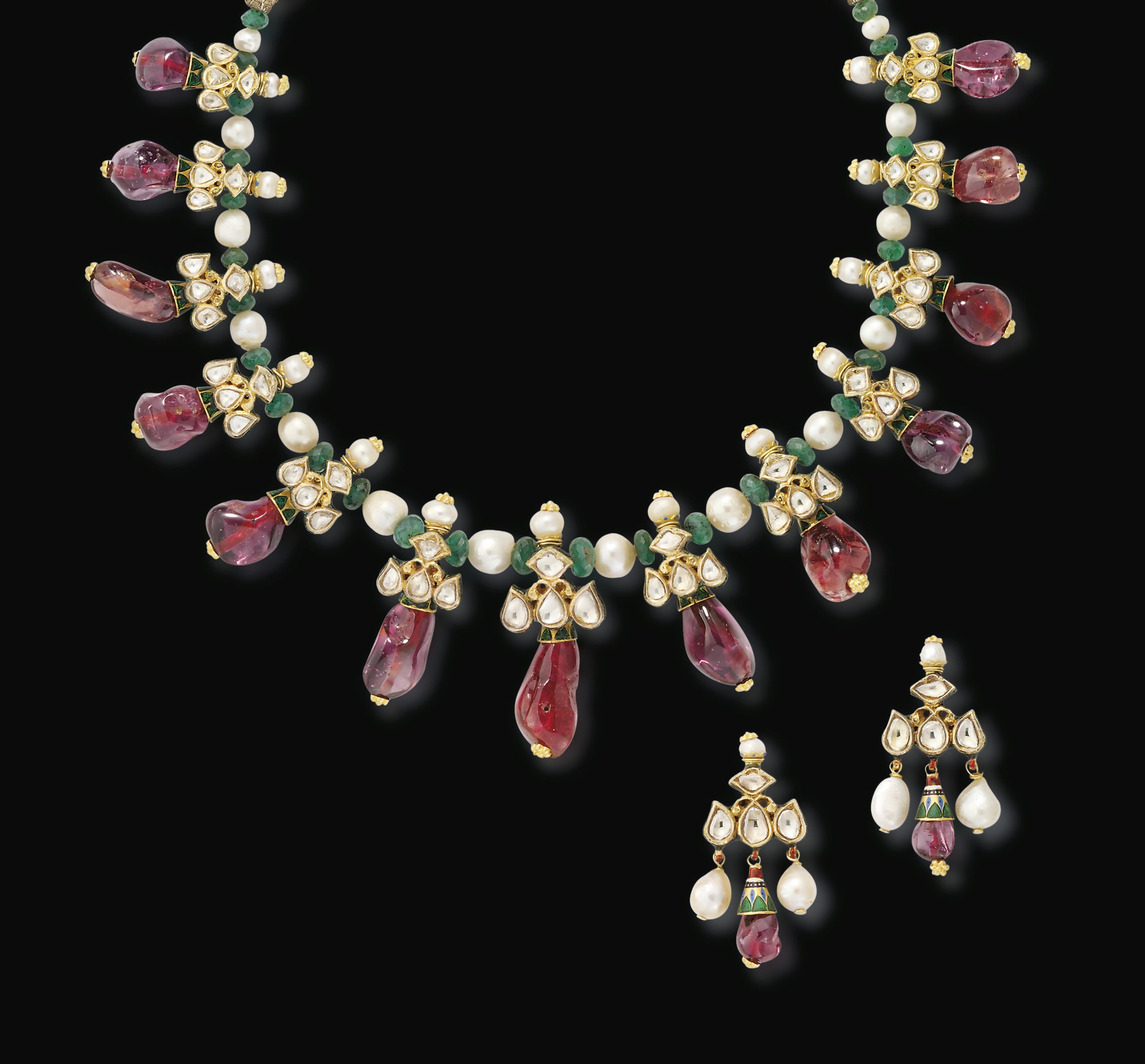 A SPINEL, PEARL AND MULTI-GEM FRINGE NECKLACE