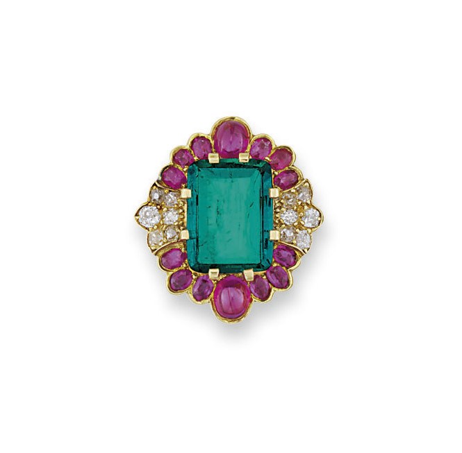 AN EMERALD, RUBY AND DIAMOND BROOCH, BY CARTIER