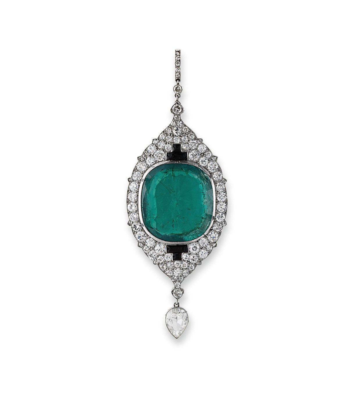 A RARE INDIAN INFLUENCED ART DECO EMERALD AND DIAMOND PENDANT, BY CARTIER